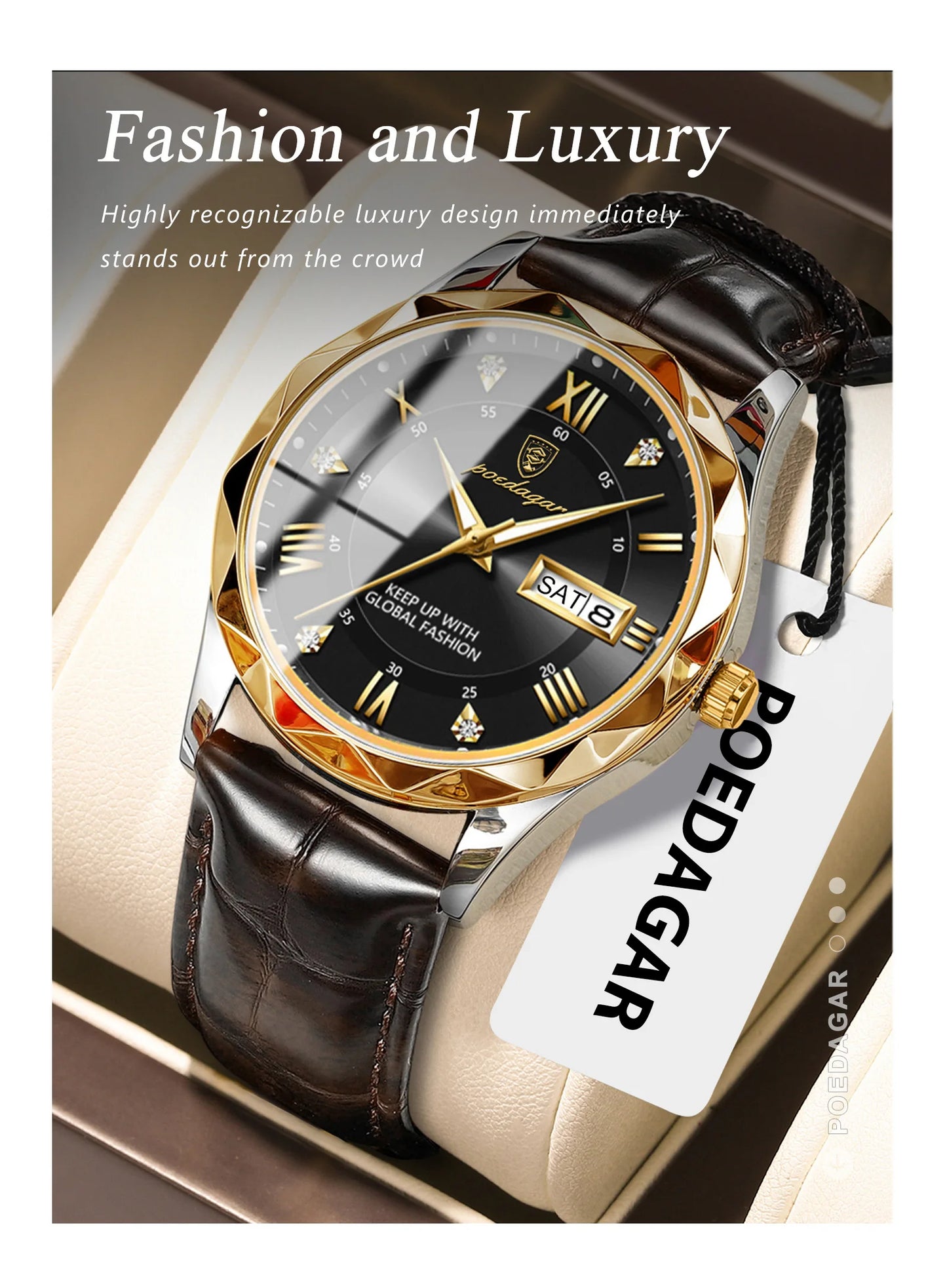 Roman Numeral Full Calendar Watch – Leather Strap with Date, Week & Luminous Dial