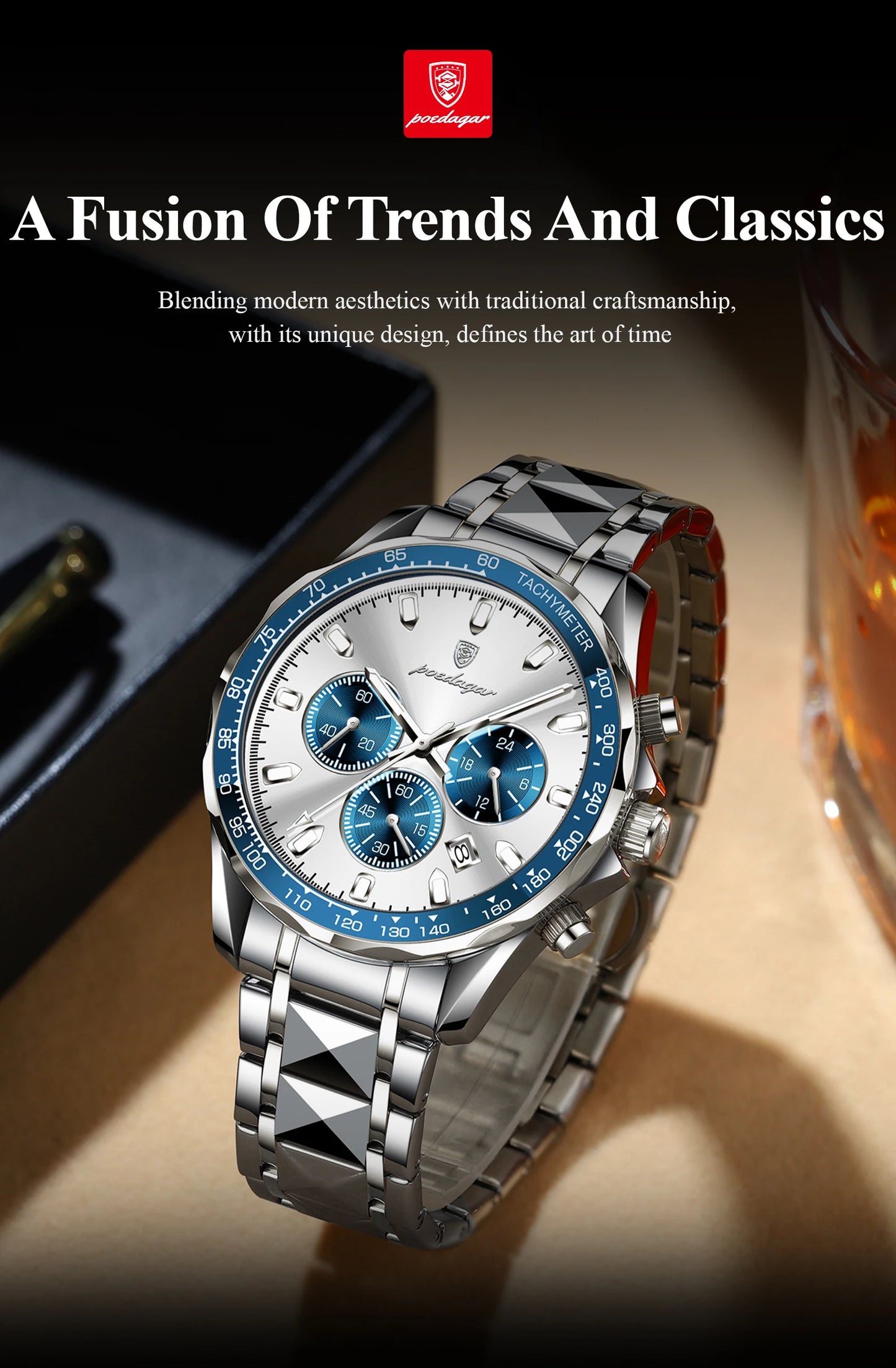 Chronograph Business Watch – Luminous Numberless Dial with Hidden Clasp Bracelet