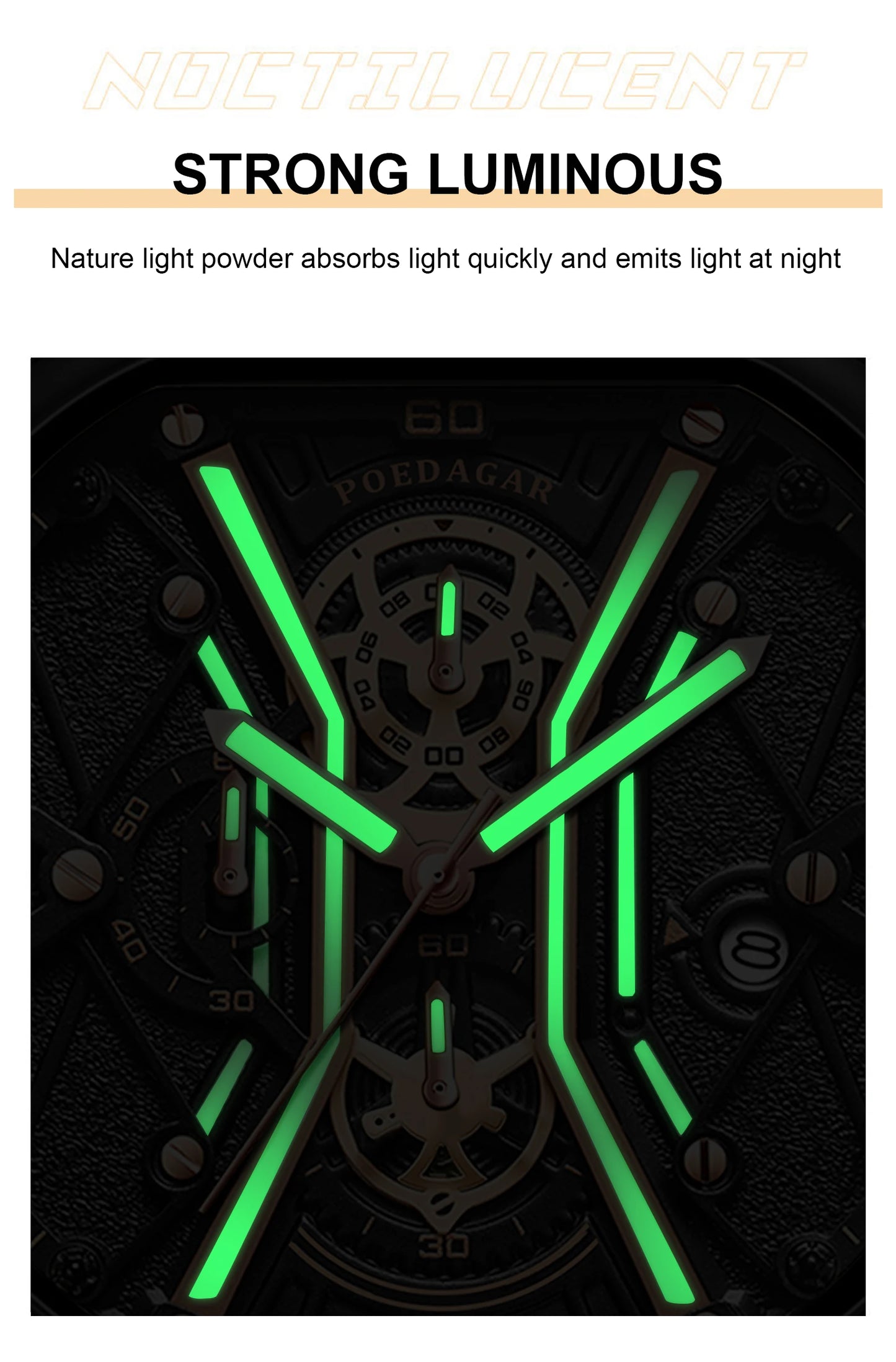 Square Chronograph Watch – Full Calendar with Leather Strap & Luminous Dial