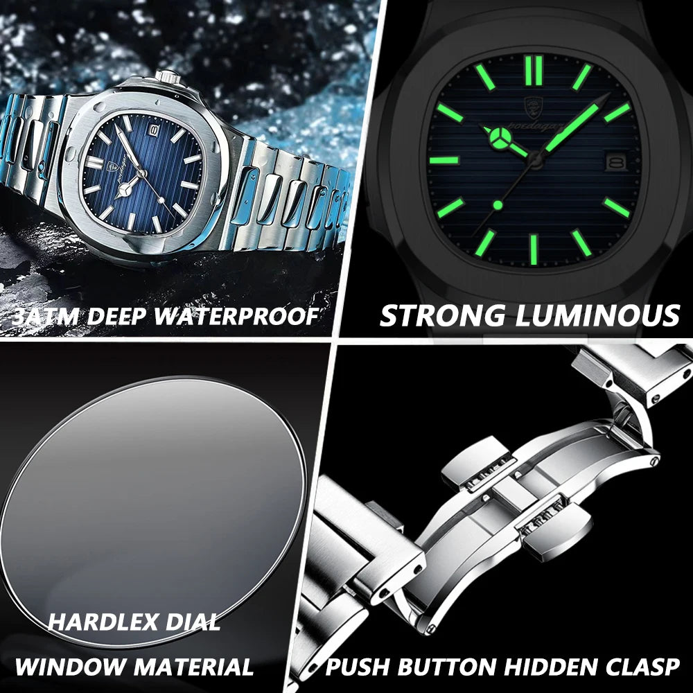 Square Business Watch – Luminous Numberless Dial with Hidden Clasp