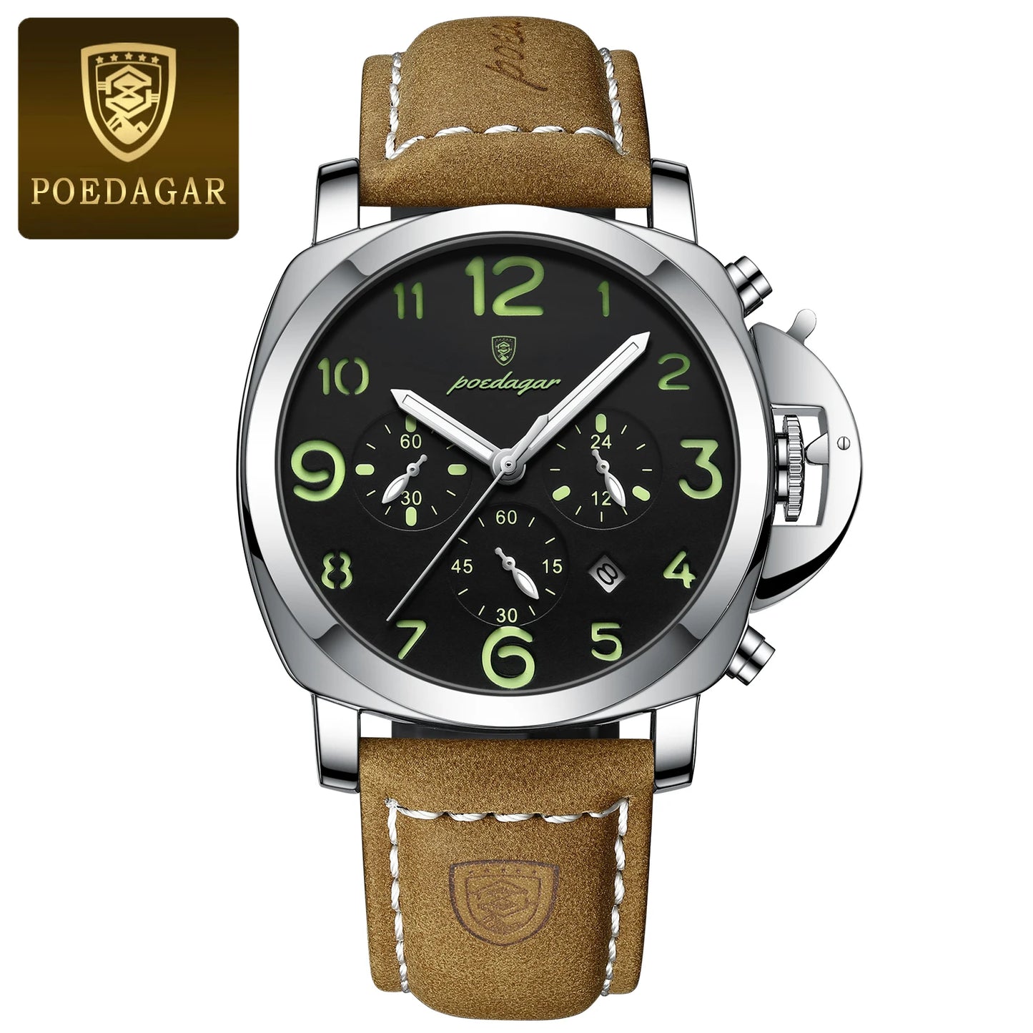 Military Style Chronograph Watch – Luminous Leather Strap with Date