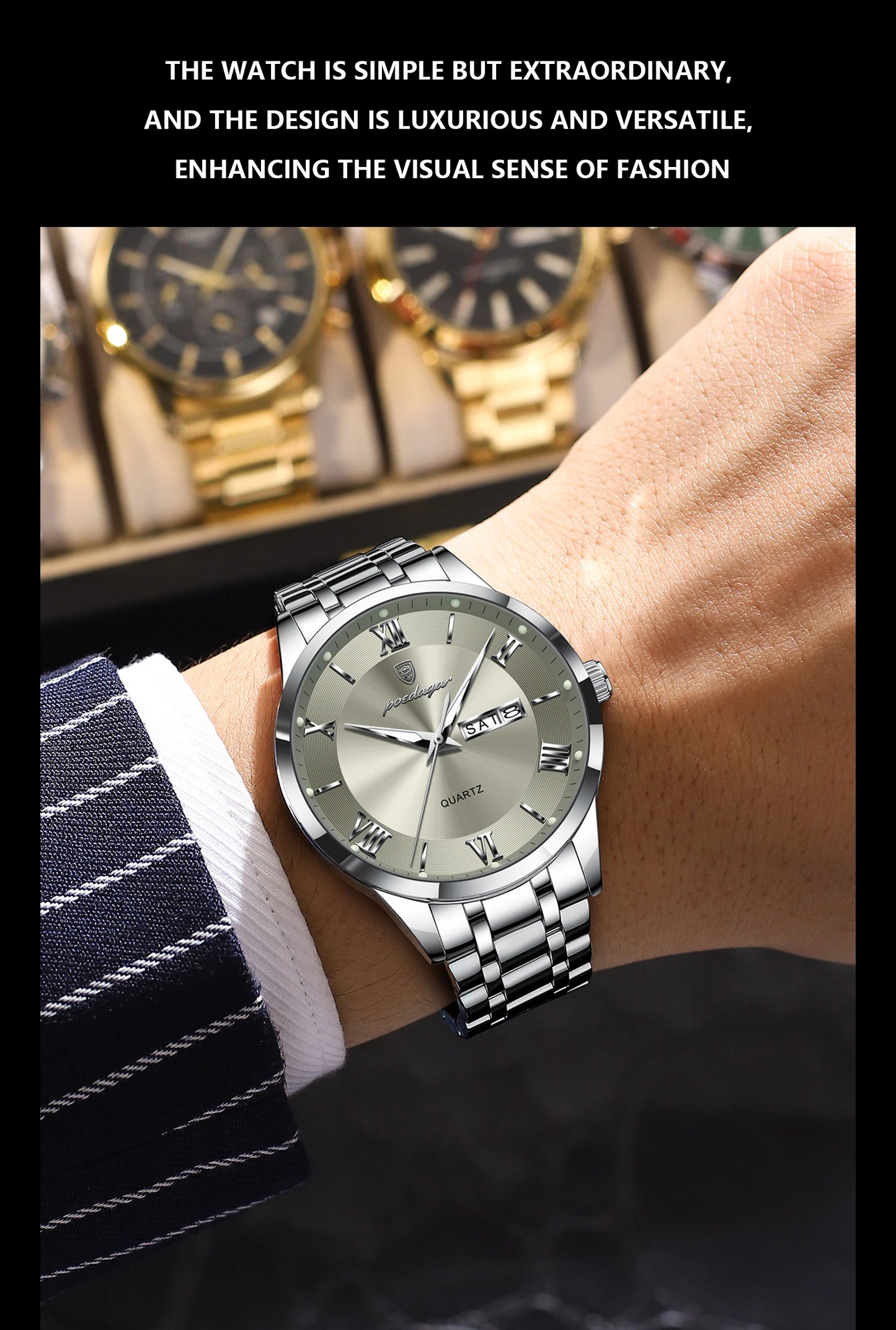 Roman Numeral Full Calendar Watch – Luminous Dial with Date, Week & Hidden Clasp