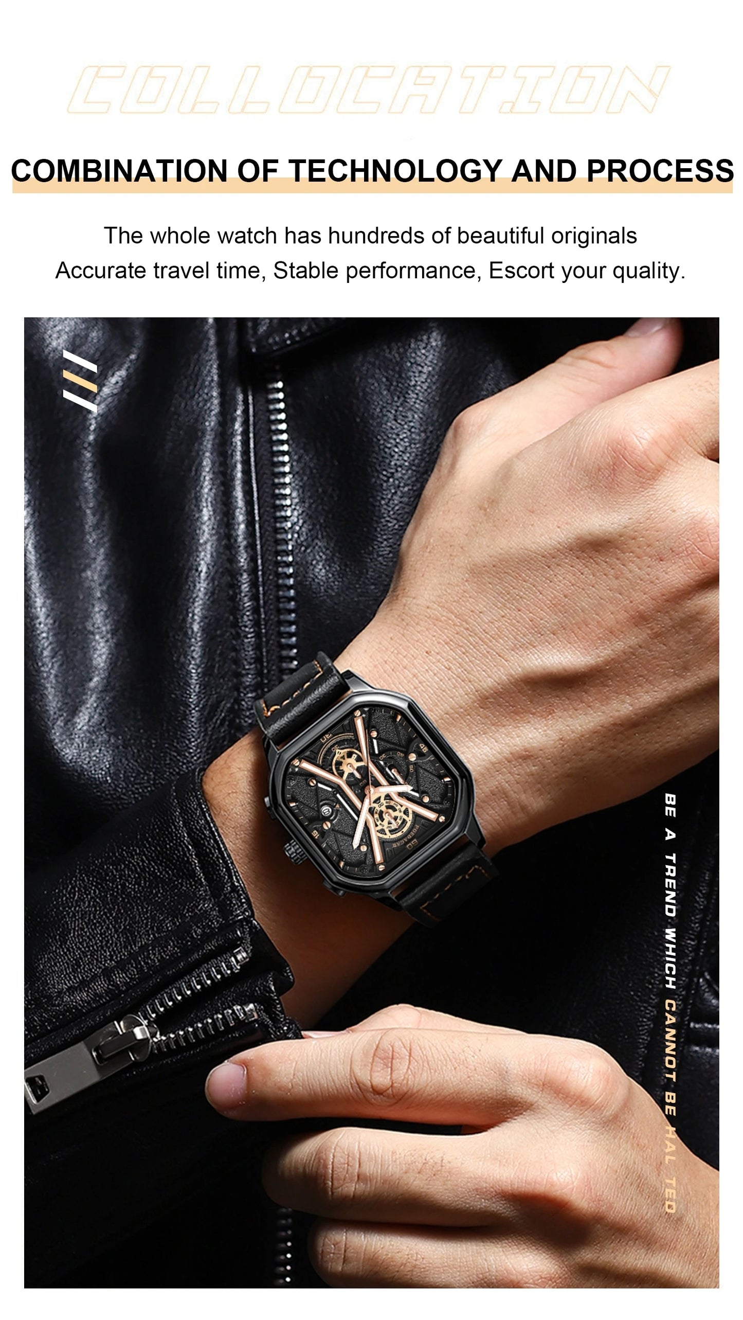 Square Chronograph Watch – Full Calendar with Leather Strap & Luminous Dial