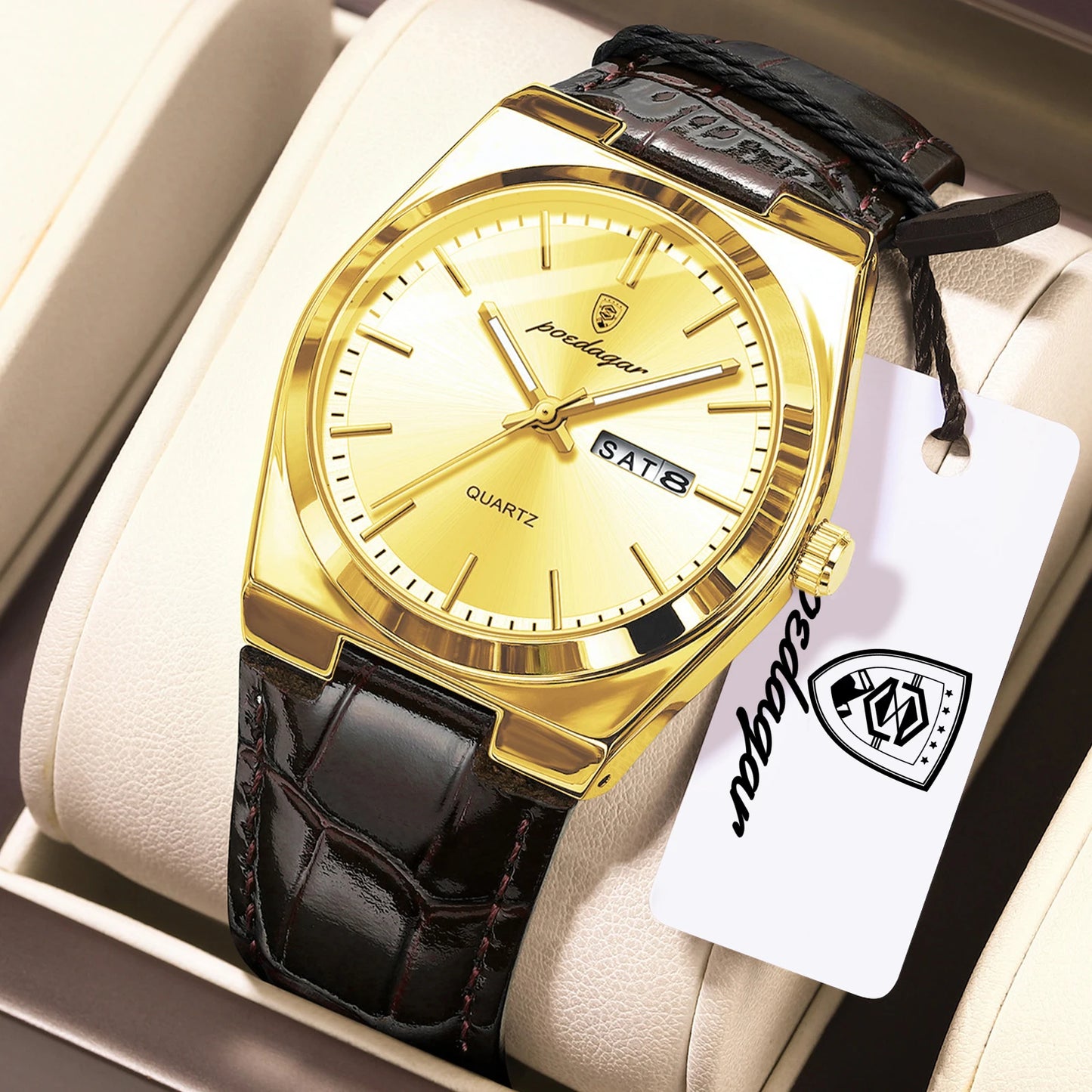 Full Calendar Leather Watch – Luminous Dial with Date, Week & Classic Buckle