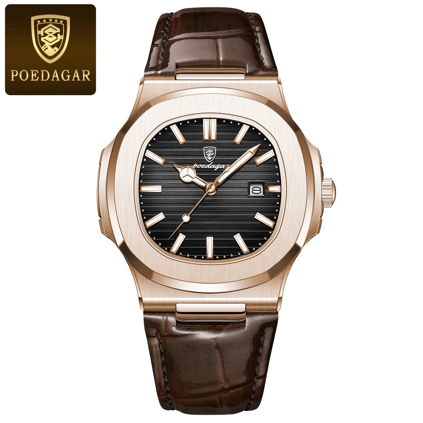 Square Leather Watch – Luminous Dial with Date & Classic Buckle