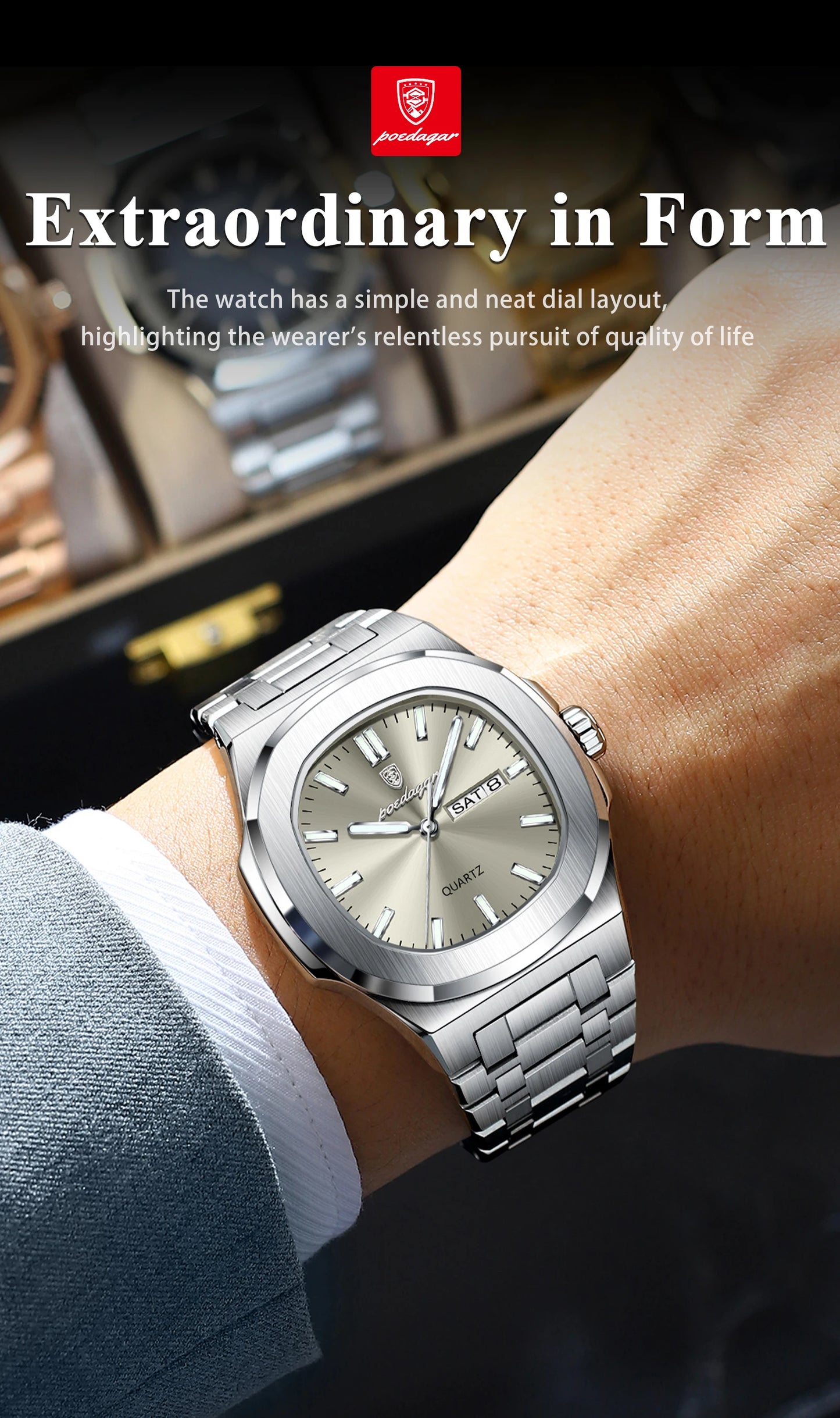 Square Full Calendar Watch – Date & Week Display with Hidden Clasp Bracelet
