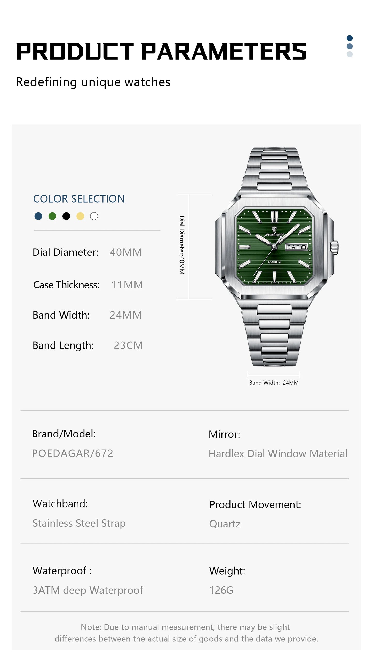 Square Stainless Steel Watch – Luminous Numberless Dial with Hidden Clasp
