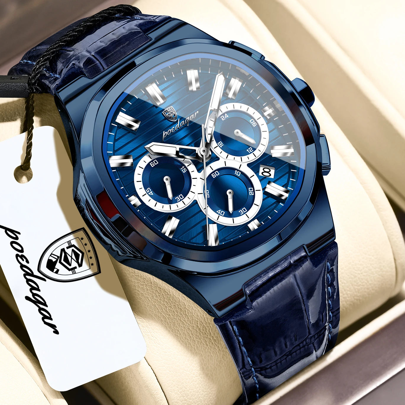 Square Chronograph Watch – Luxe Leather Strap with Luminous Dial & Date
