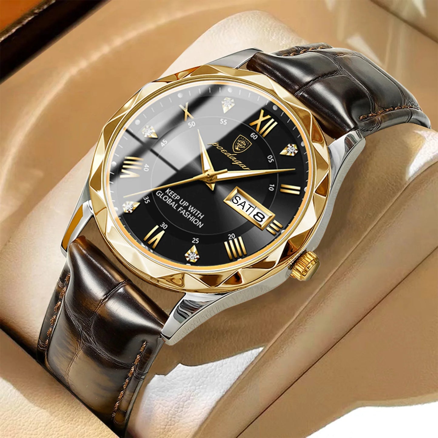 Roman Numeral Full Calendar Watch – Leather Strap with Date, Week & Luminous Dial
