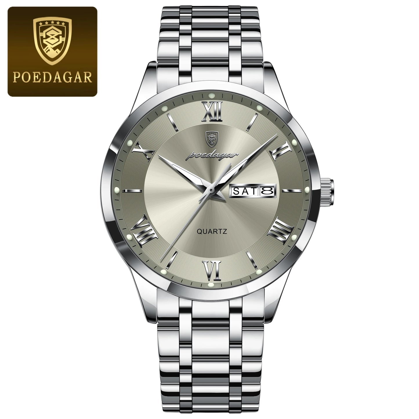 Roman Numeral Full Calendar Watch – Luminous Dial with Date, Week & Hidden Clasp