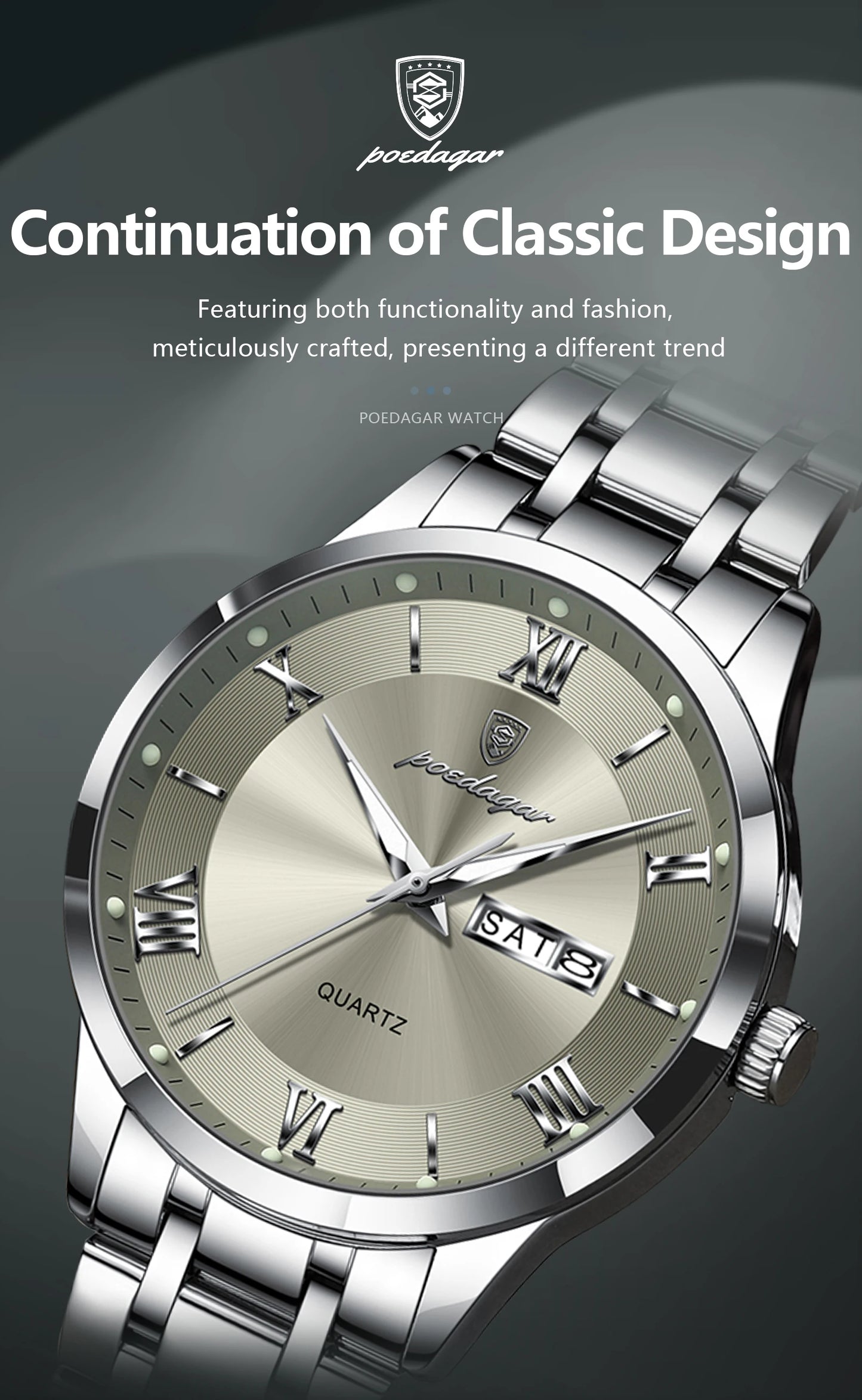 Roman Numeral Full Calendar Watch – Luminous Dial with Hidden Clasp Bracelet