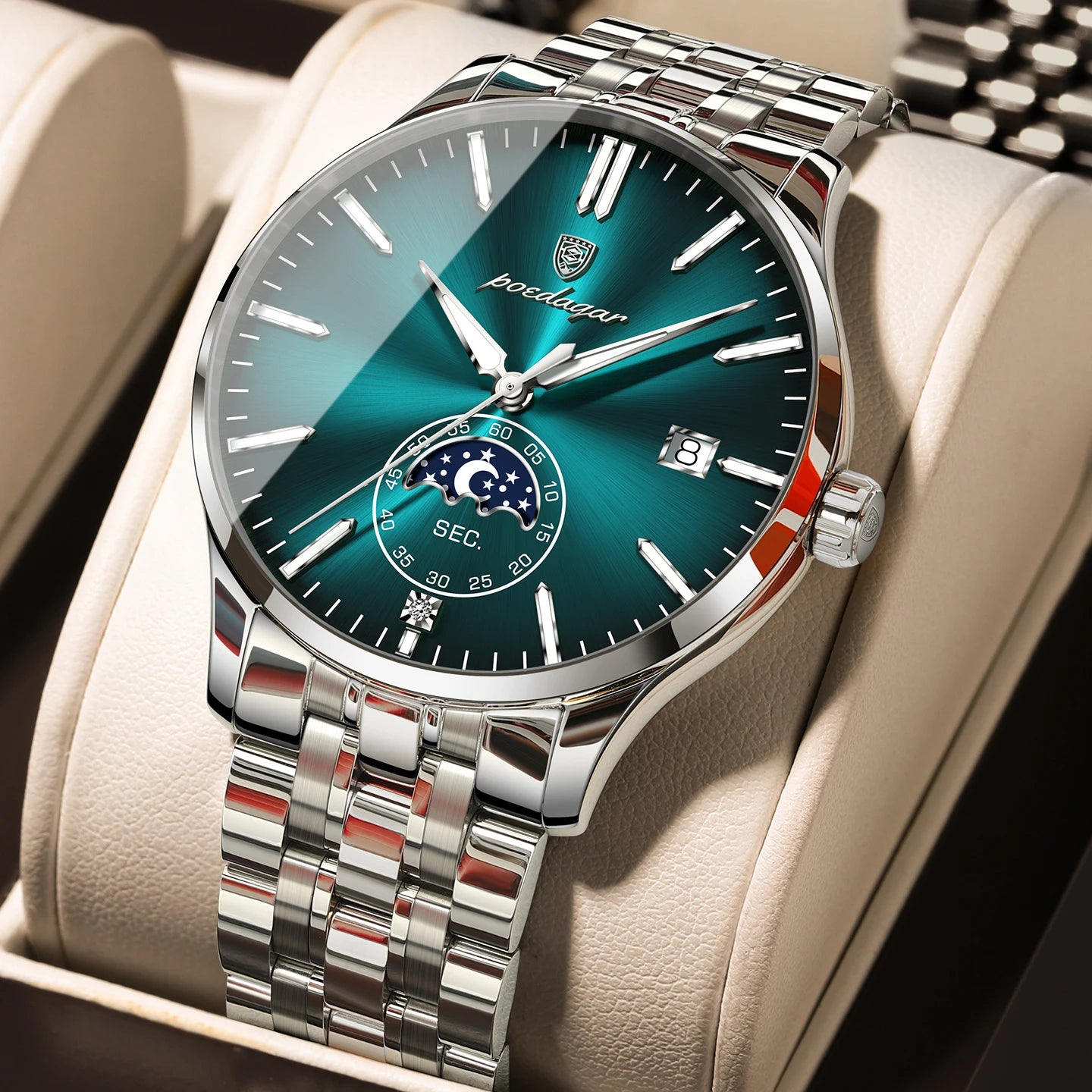 Round Business Chronograph – Slim Stainless Steel Watch with Luminous Hands & Date