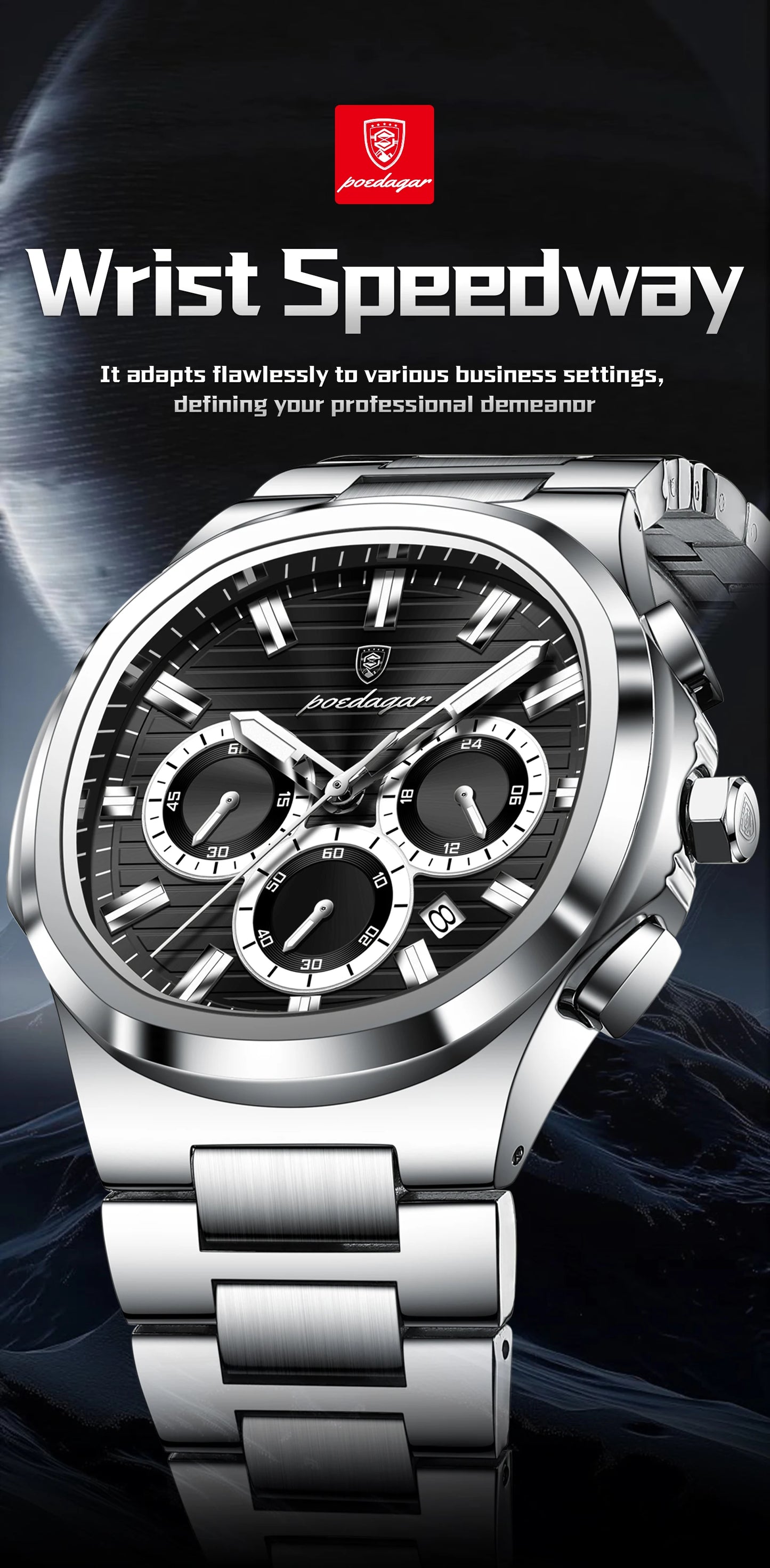 Square Chronograph Watch – Large Numberless Dial with Hidden Clasp Bracelet