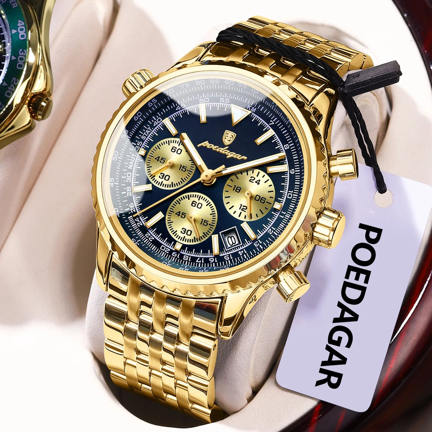 Chronograph Date Watch – Luminous Numberless Dial with Hidden Clasp Bracelet