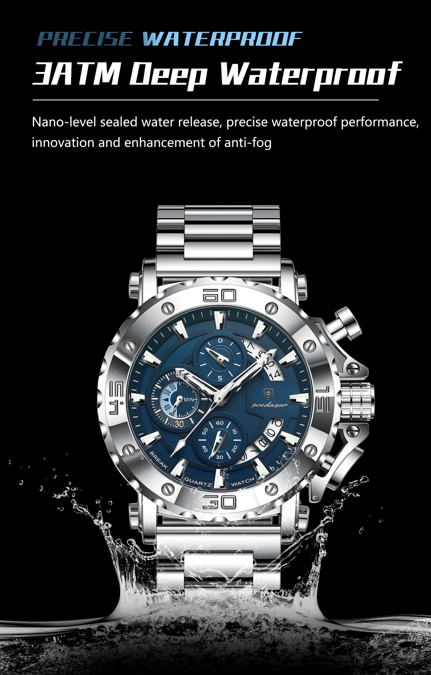 Large Chronograph Watch – Luminous Numberless Dial with Hidden Clasp
