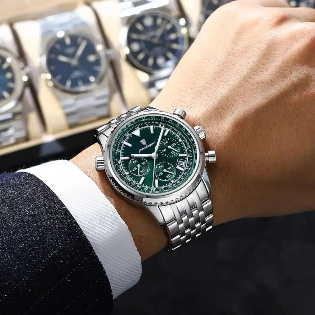 Chronograph Date Watch – Luminous Numberless Dial with Hidden Clasp Bracelet