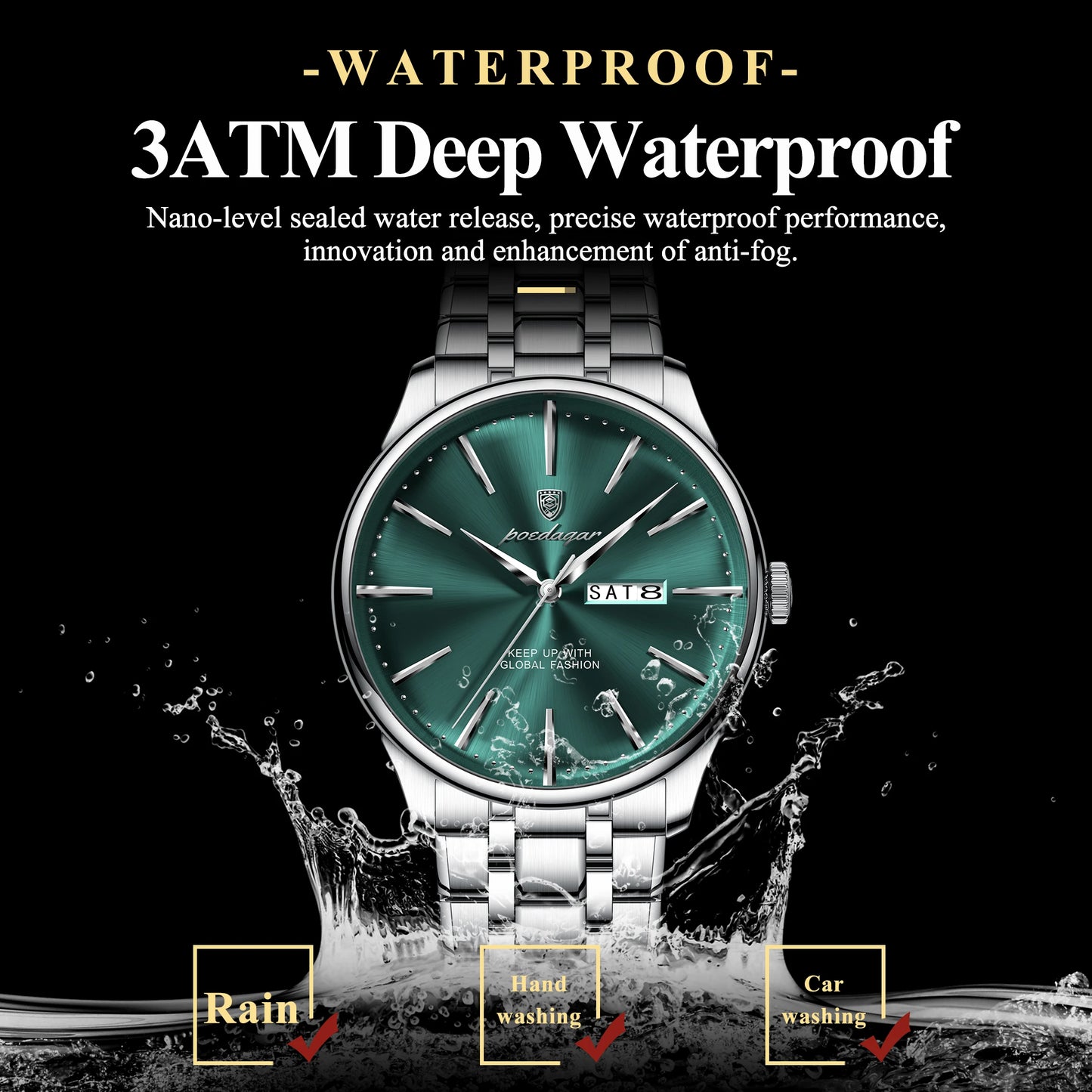 Full Calendar Stainless Steel Watch – Date & Week Display with Hidden Clasp