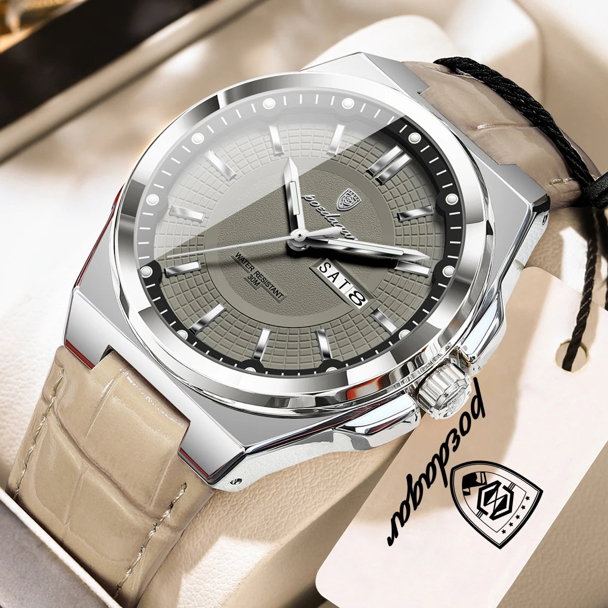 Full Calendar Leather Watch – Luminous Dial with Date & Week Display