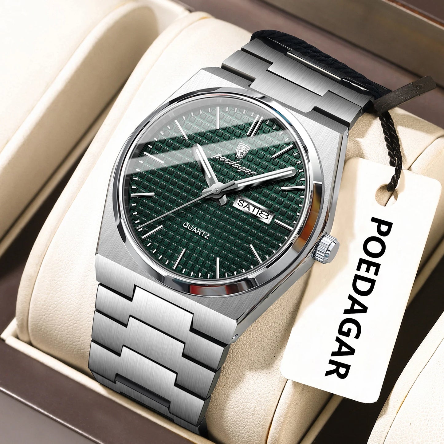Full Calendar Stainless Steel Watch – Luminous Dial with Date, Week & Hidden Clasp