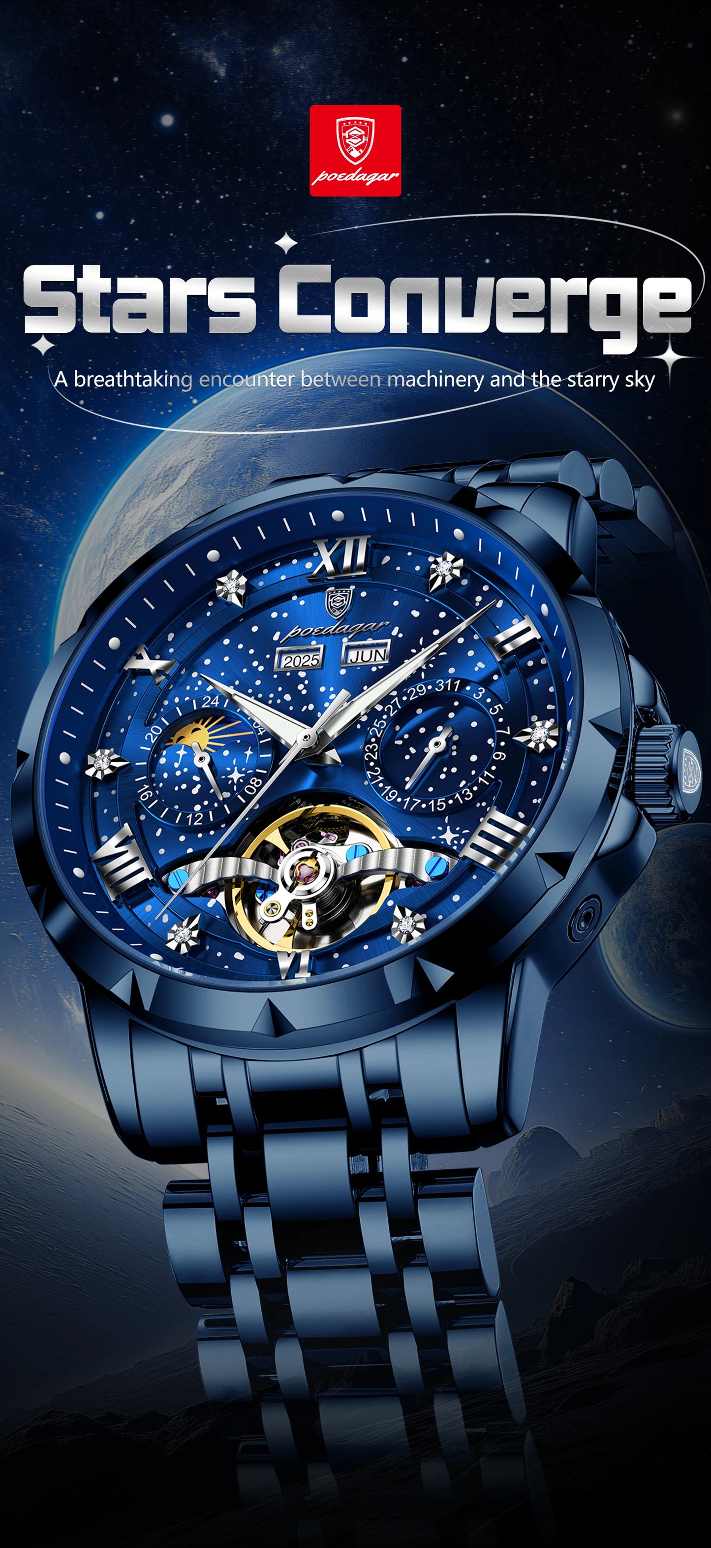 Automatic Skeleton Watch – Tourbillon Style with Roman Numeral Dial & Full Calendar