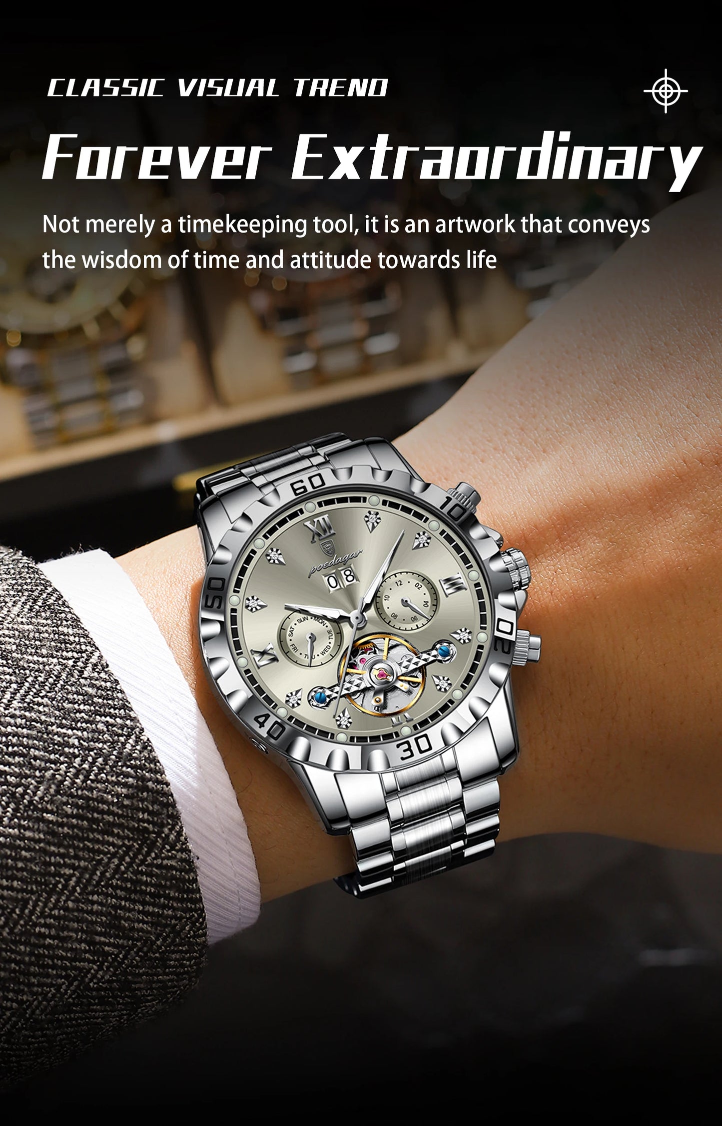 Automatic Tourbillon Style Watch – Sapphire Crystal with Week Display & Hidden Clasp
