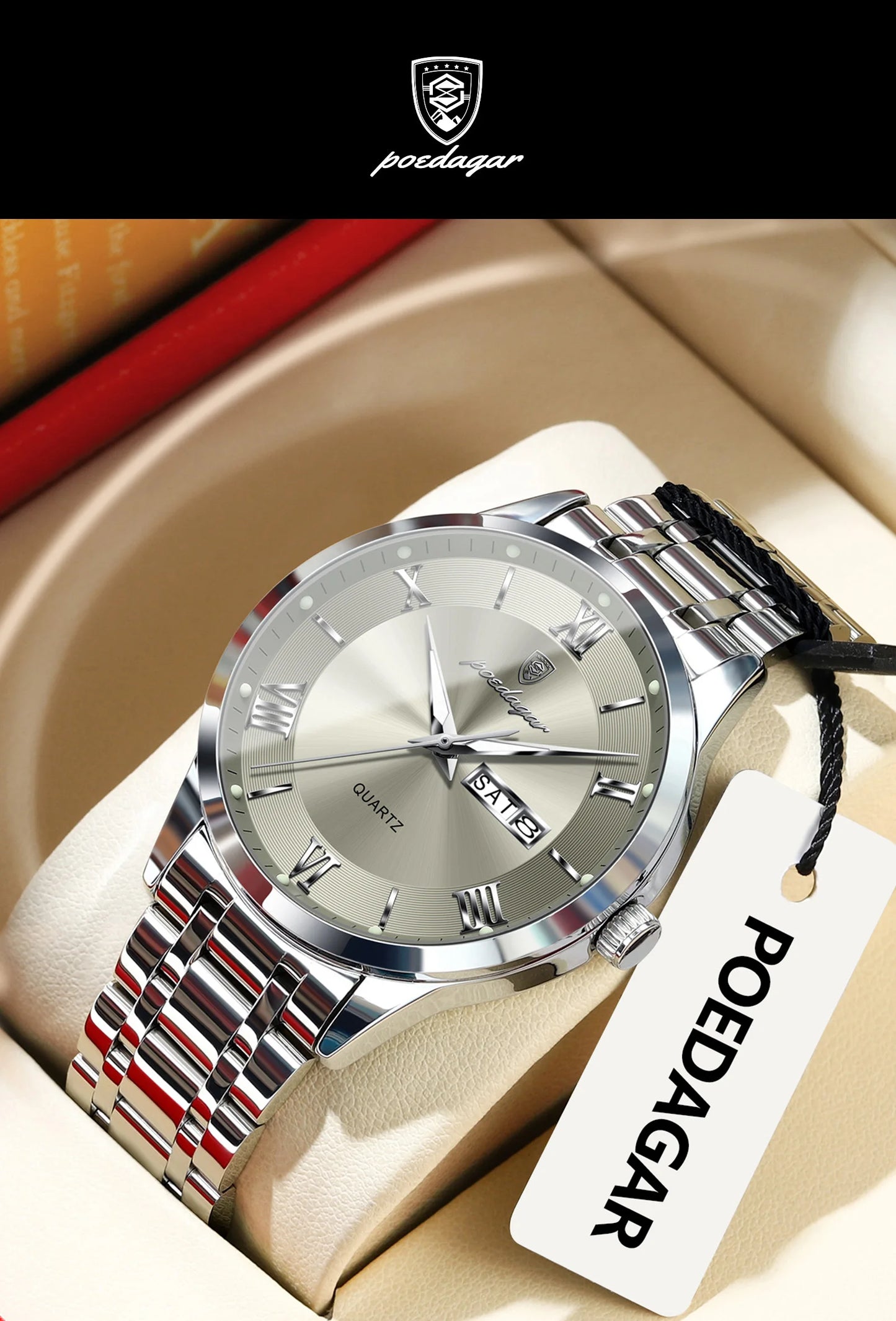 Roman Numeral Full Calendar Watch – Luminous Dial with Hidden Clasp Bracelet