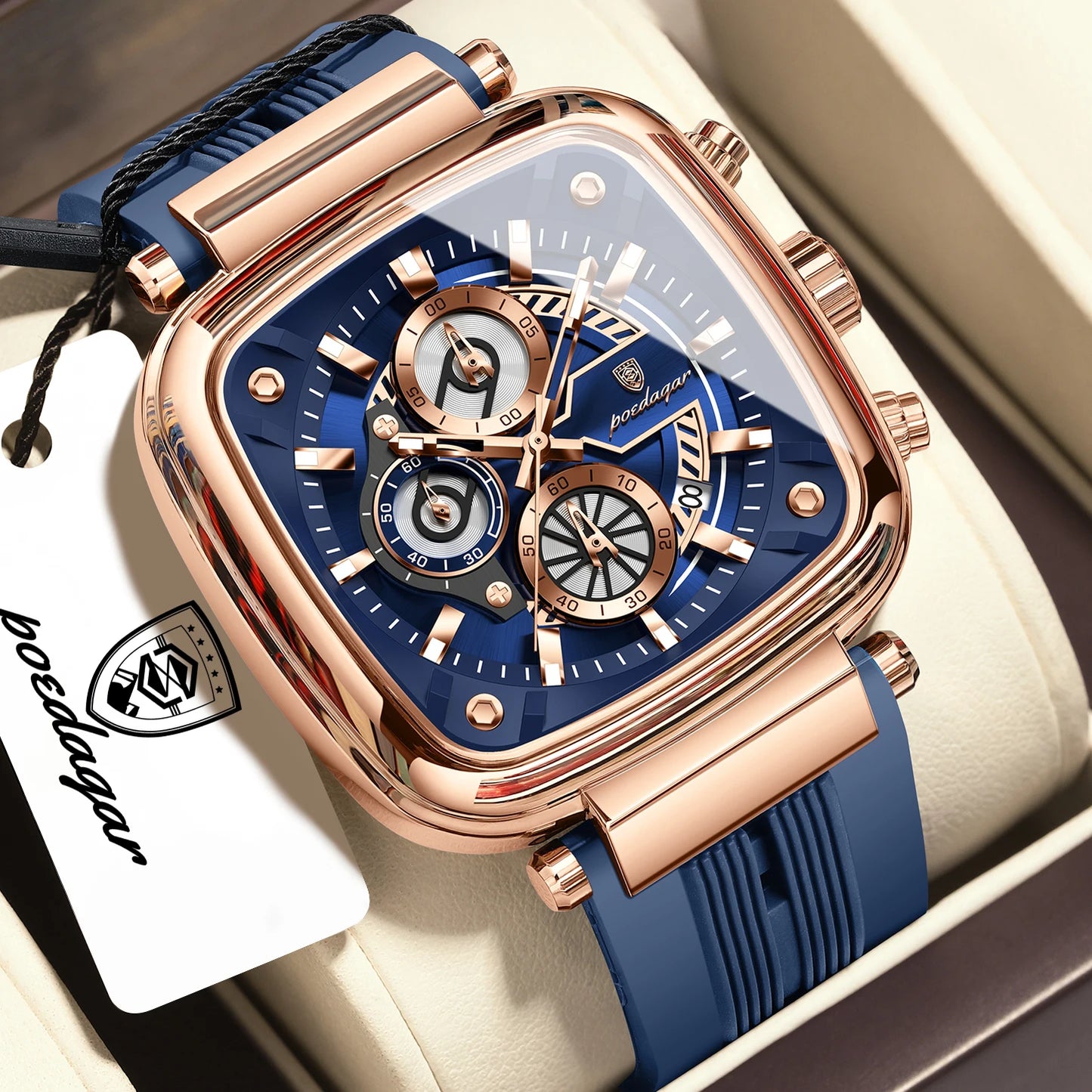 Square Chronograph Sport Watch – Luminous Dial with Silicone Strap & Date