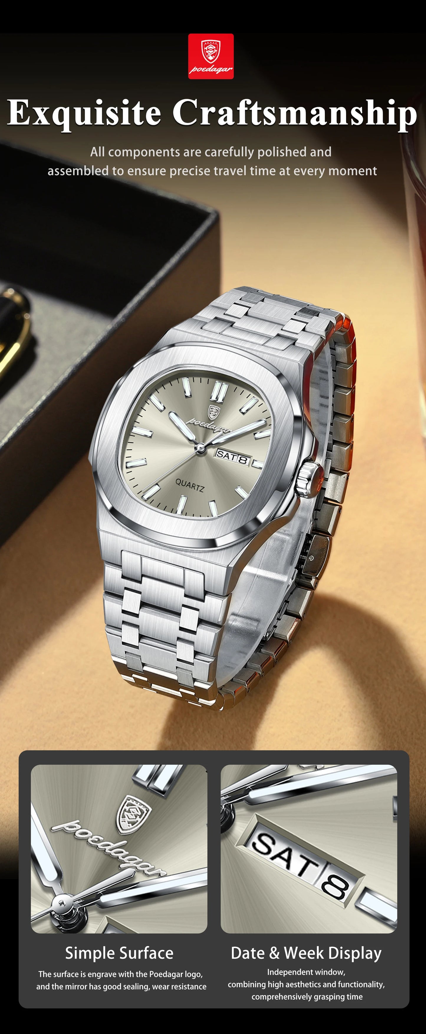 Square Full Calendar Watch – Date & Week Display with Hidden Clasp Bracelet