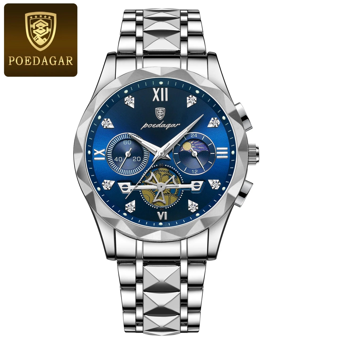 Round Chronograph Watch – Roman Numeral Dial with Hidden Clasp Bracelet