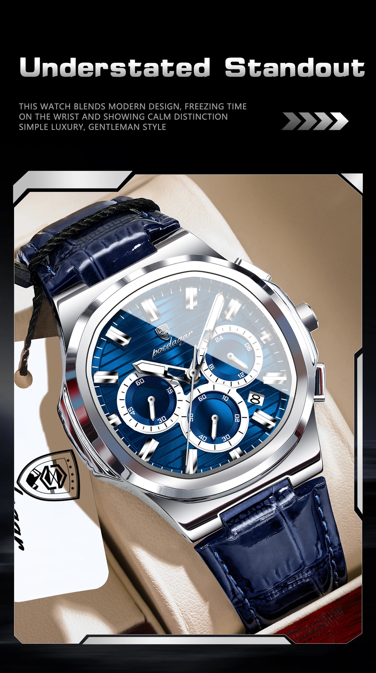 Square Chronograph Watch – Luxe Leather Strap with Luminous Dial & Date