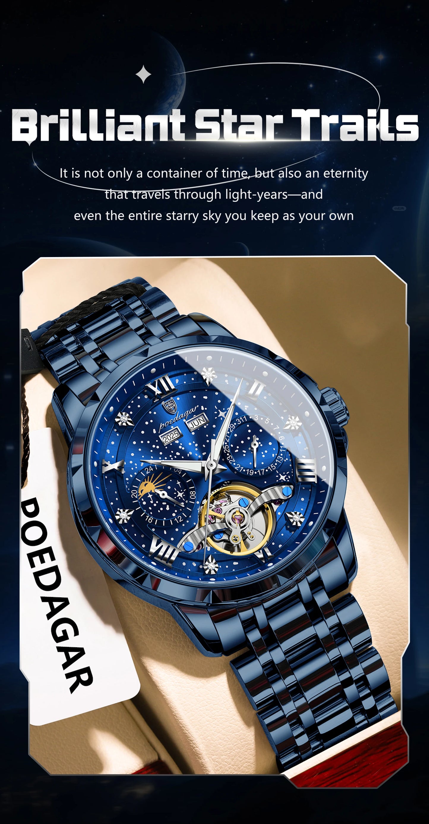 Automatic Skeleton Watch – Tourbillon Style with Roman Numeral Dial & Full Calendar