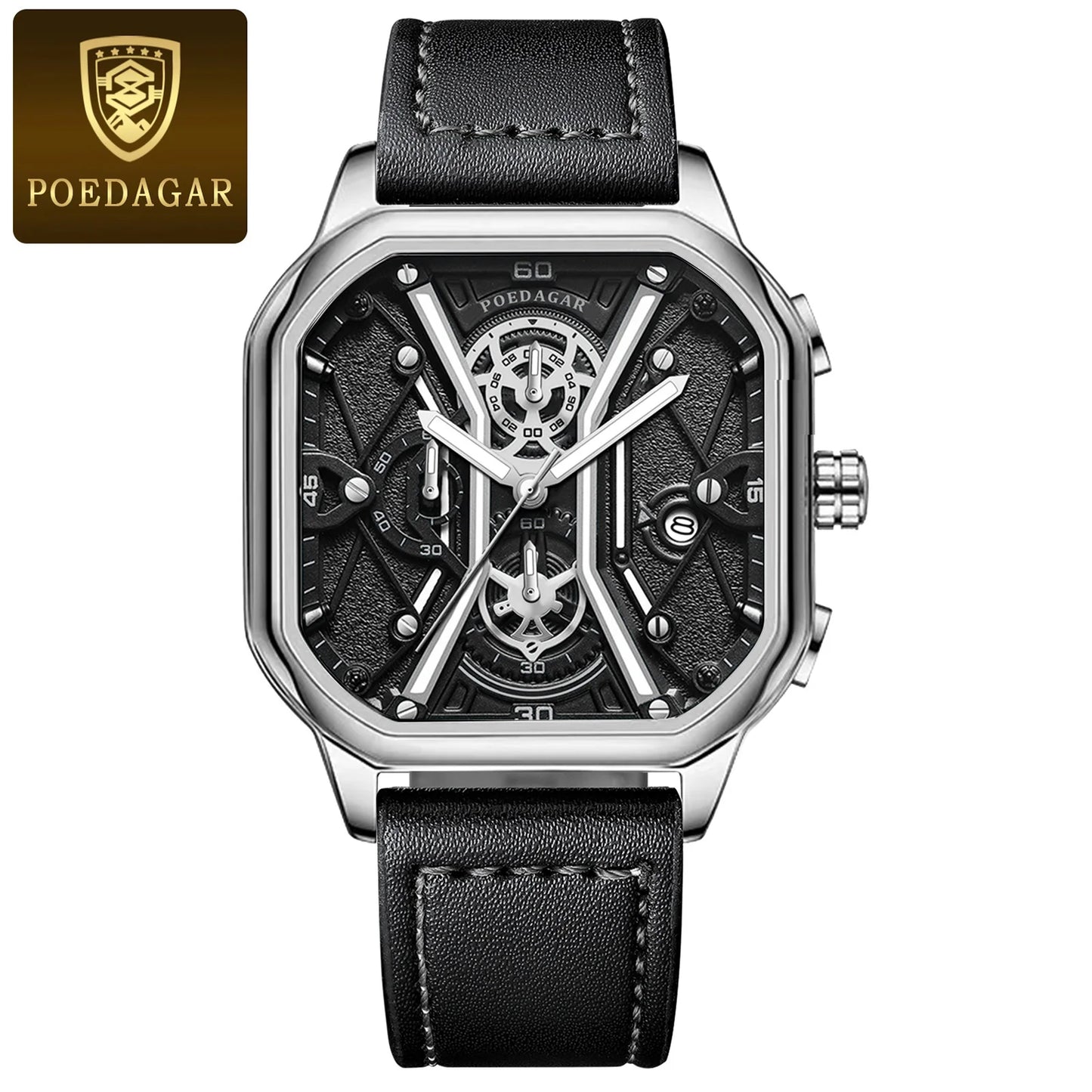 Square Chronograph Watch – Full Calendar with Leather Strap & Luminous Dial
