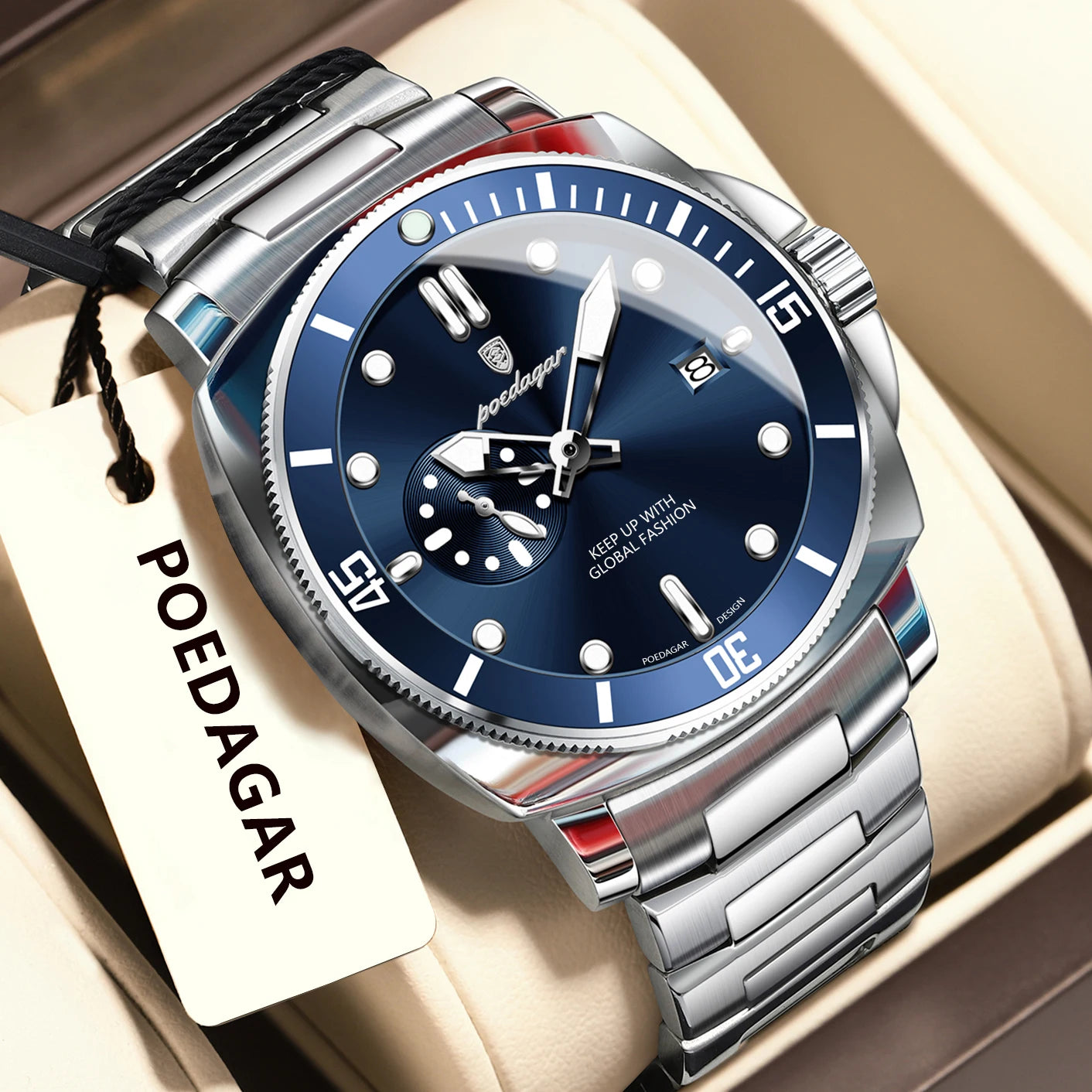 Business Date Watch – Luminous Numberless Dial with Hidden Clasp Bracelet