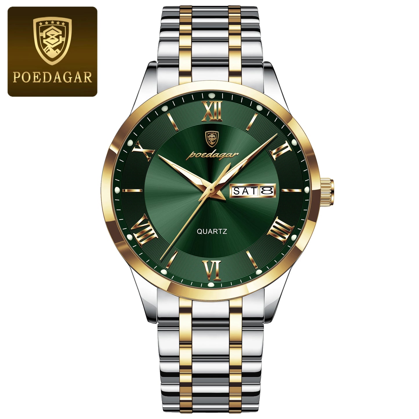 Roman Numeral Full Calendar Watch – Luminous Dial with Hidden Clasp Bracelet