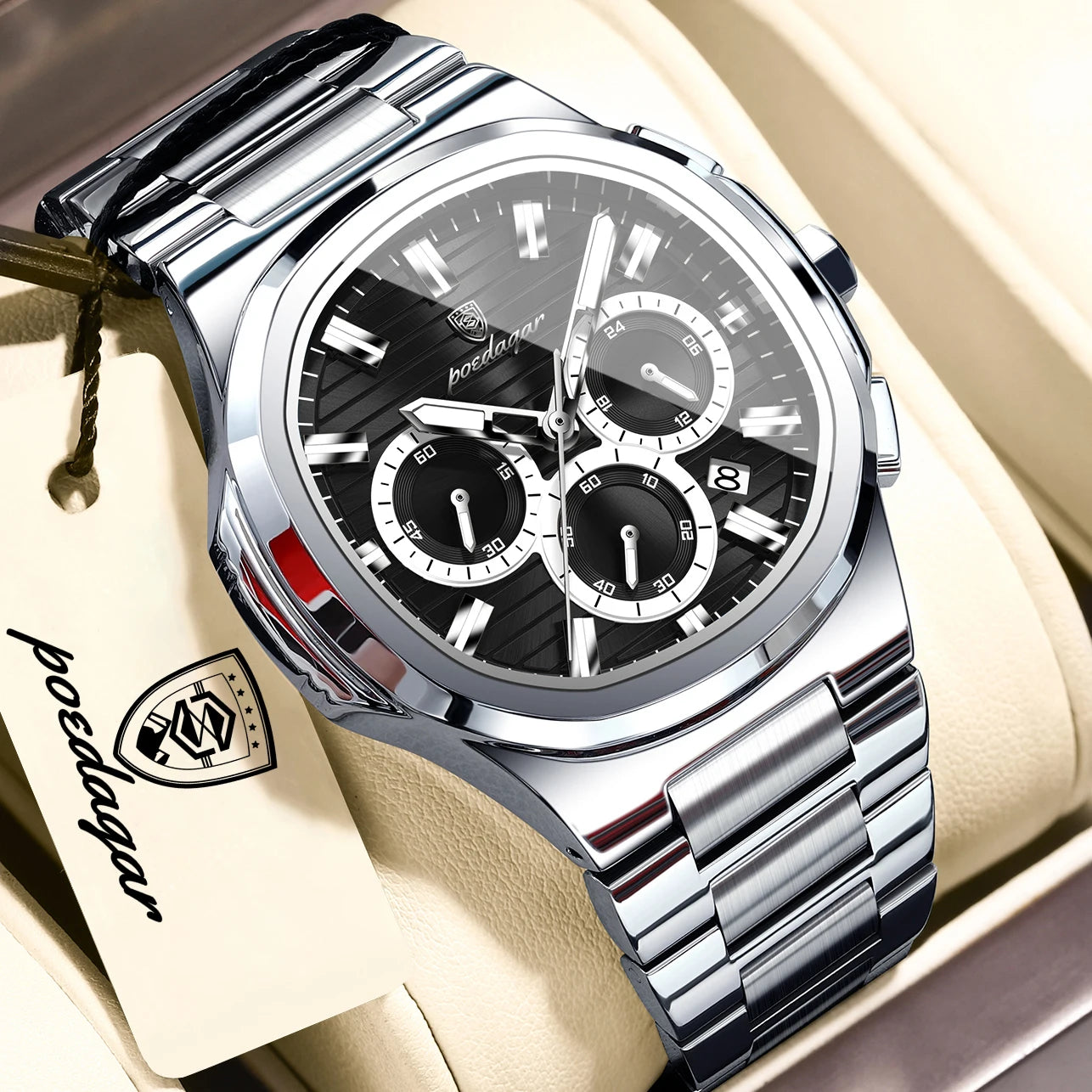 Square Chronograph Watch – Large Numberless Dial with Hidden Clasp Bracelet