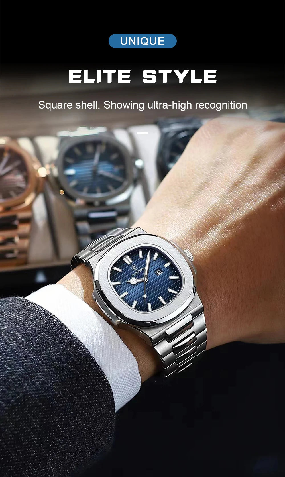 Square Stainless Steel Gift Set – Date Display with Luminous Dial & Hidden Clasp