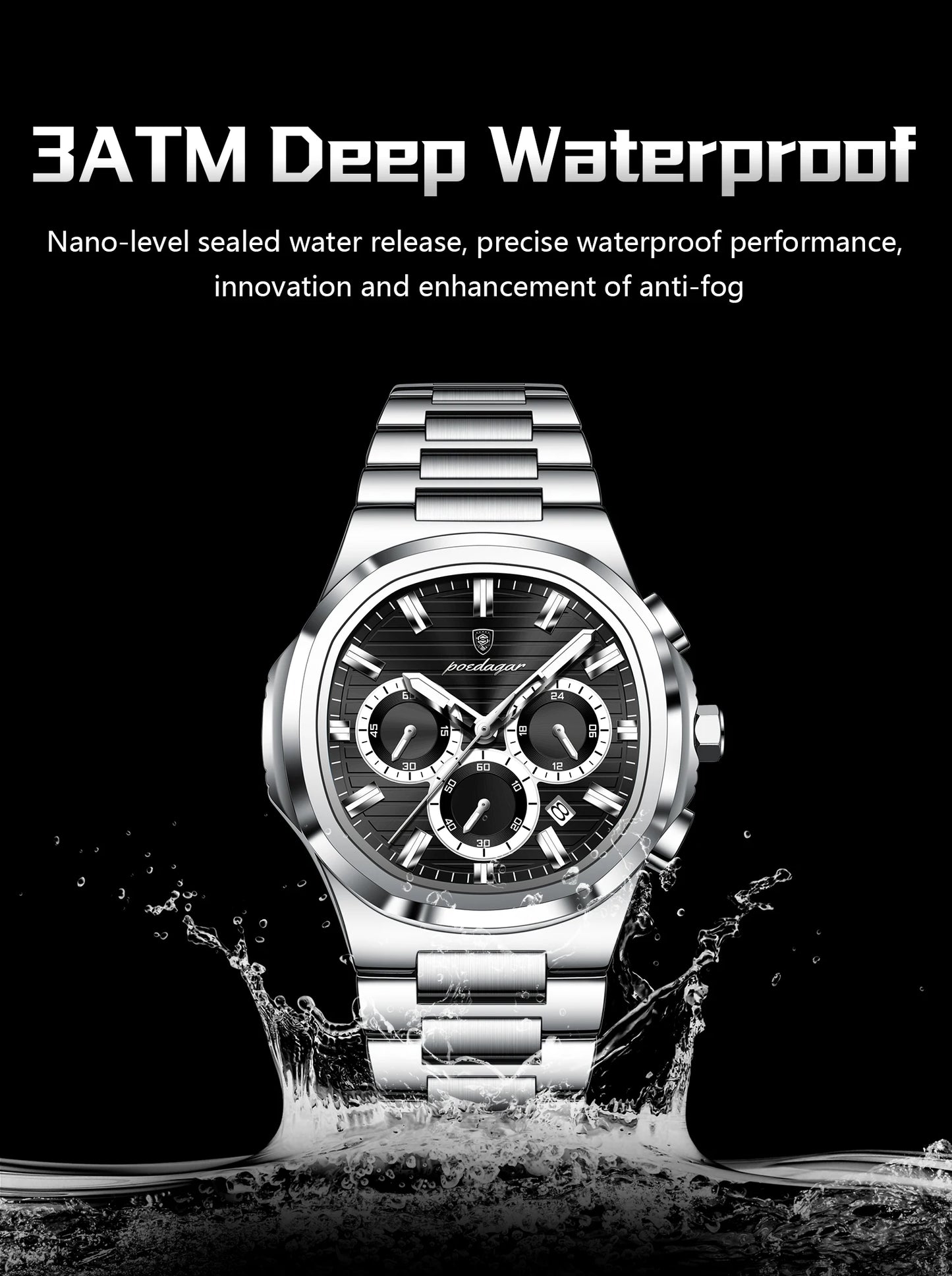 Square Chronograph Watch – Large Numberless Dial with Hidden Clasp Bracelet