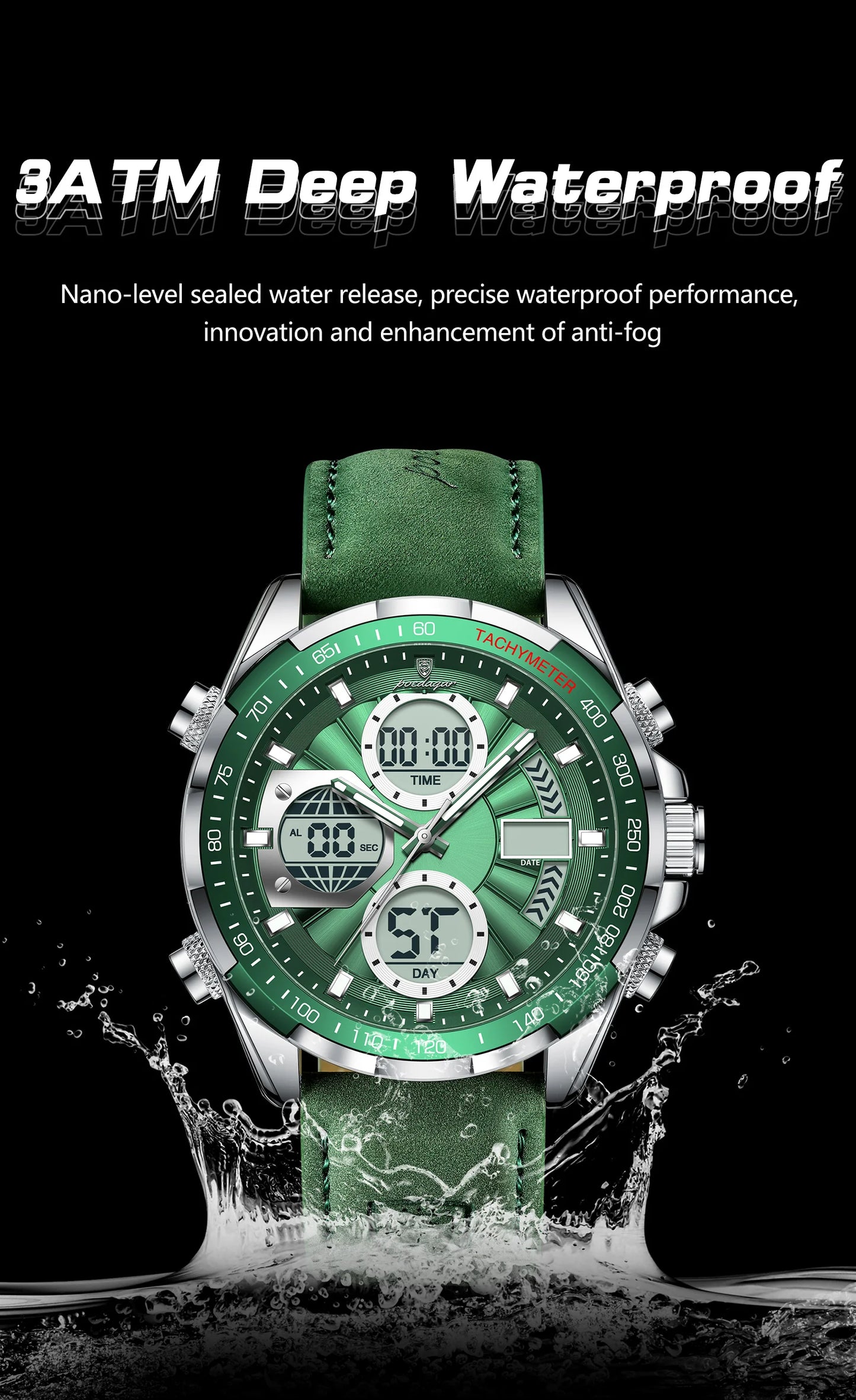 LED Analog-Digital Chronograph Watch – Dual Time & Alarm with Leather Strap