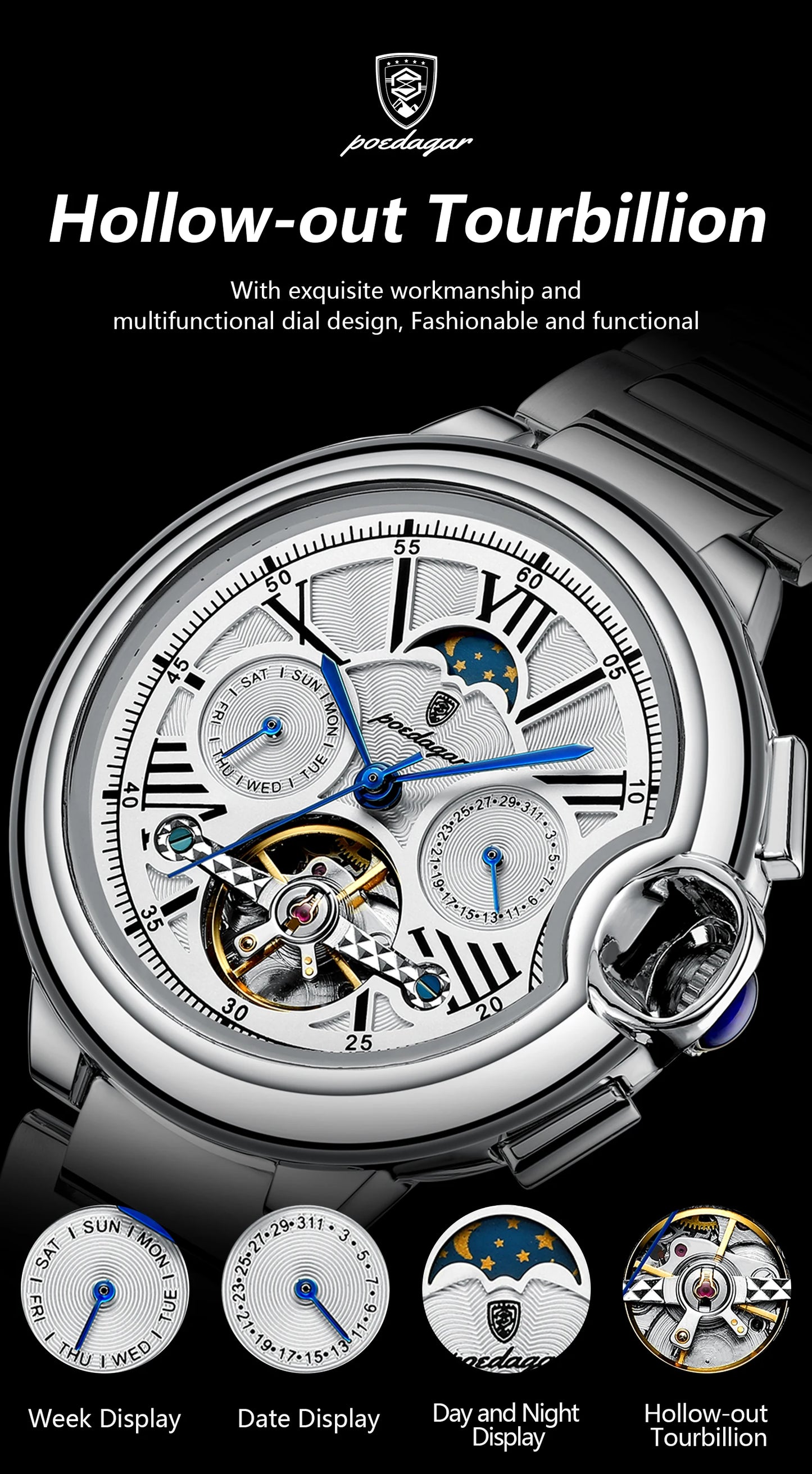 Automatic Skeleton Watch – Tourbillon Style with Moon Phase & Full Calendar