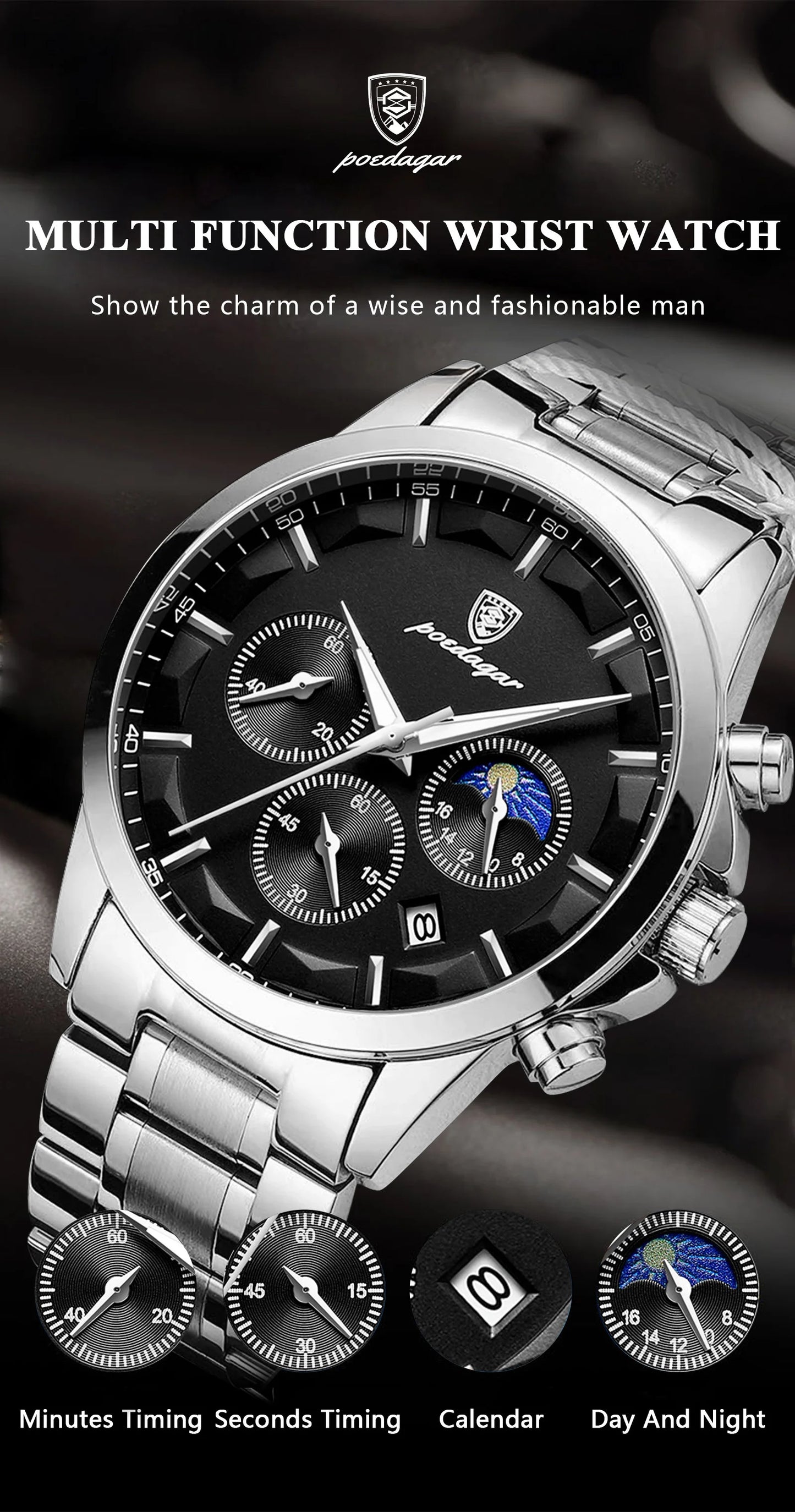 Chronograph Date Watch – Luminous Numberless Dial with Bracelet Clasp