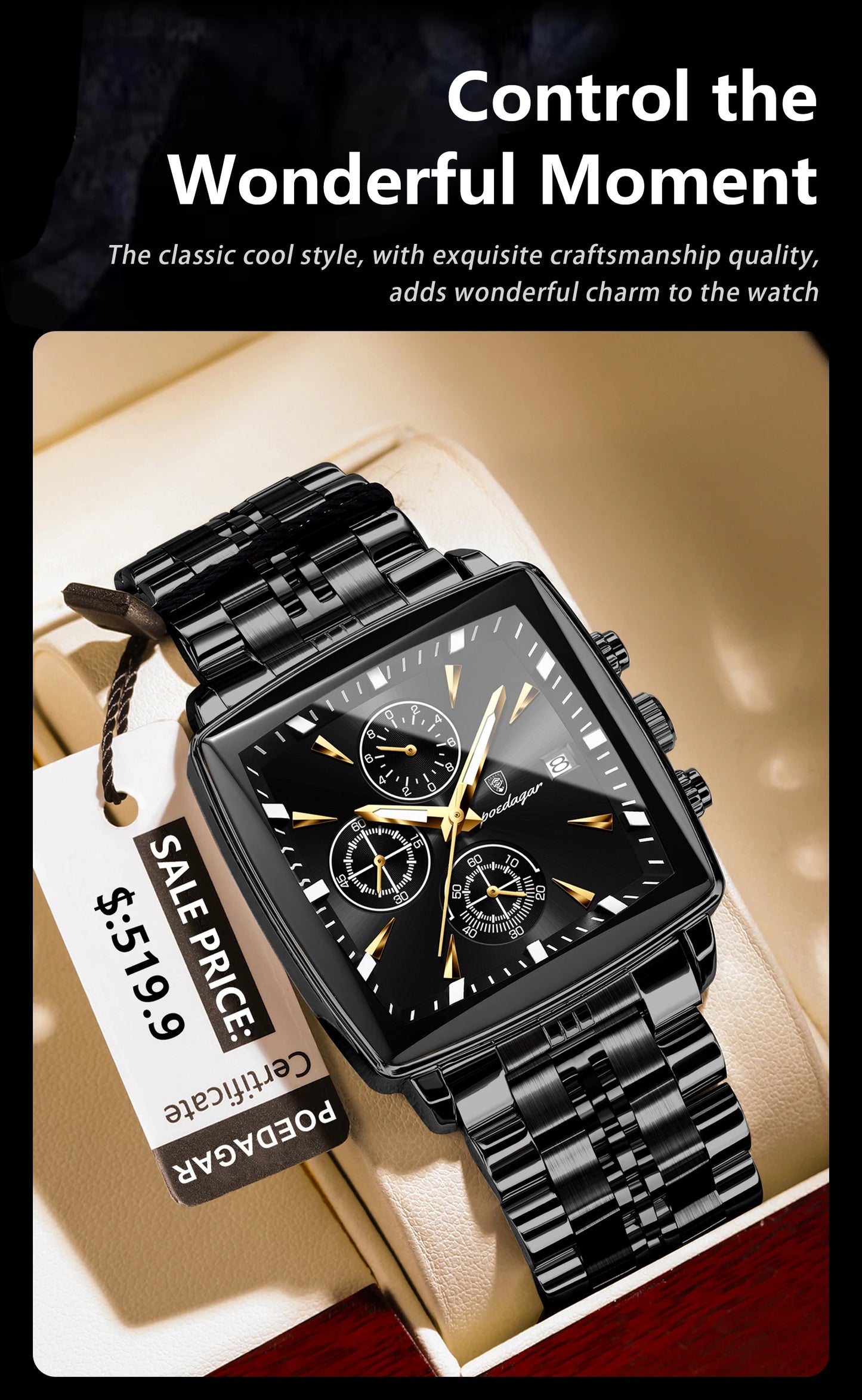 Square Chronograph Watch – Luminous Numberless Dial with Hidden Clasp Bracelet