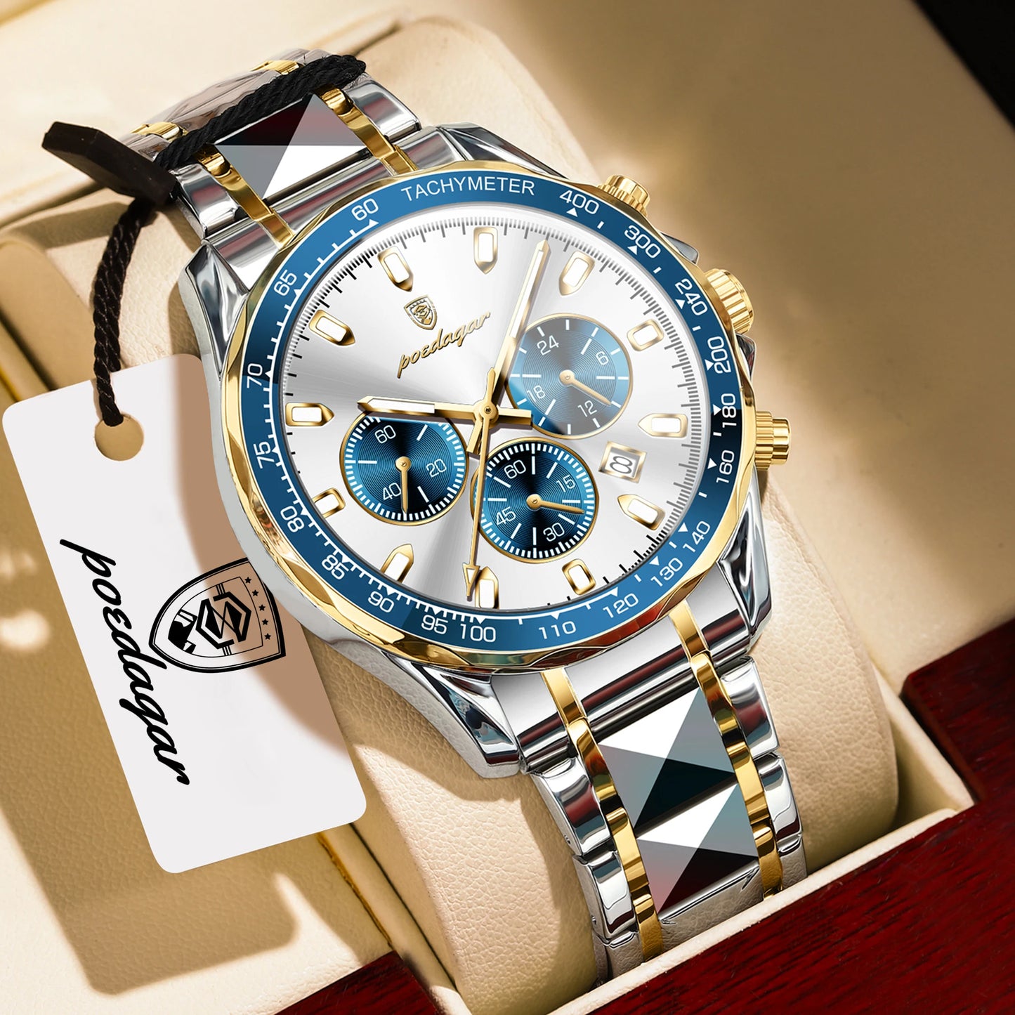 Chronograph Business Watch – Luminous Numberless Dial with Hidden Clasp Bracelet