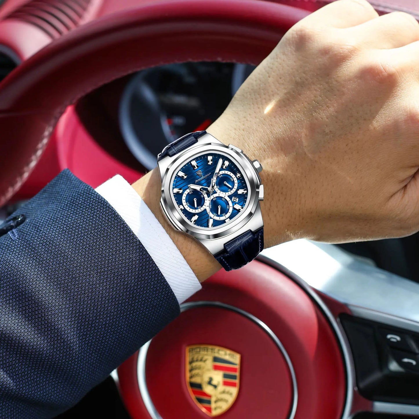 Square Chronograph Watch – Luxe Leather Strap with Luminous Dial & Date