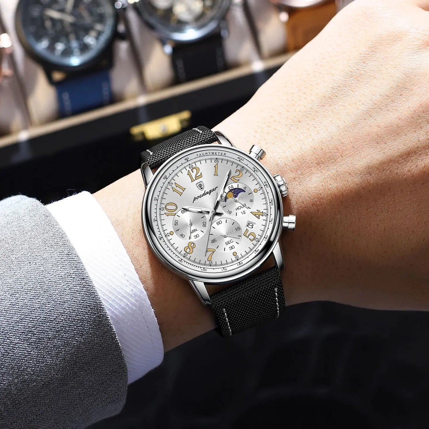 Classic Chronograph Watch – Luminous Arabic Dial with Nylon Strap
