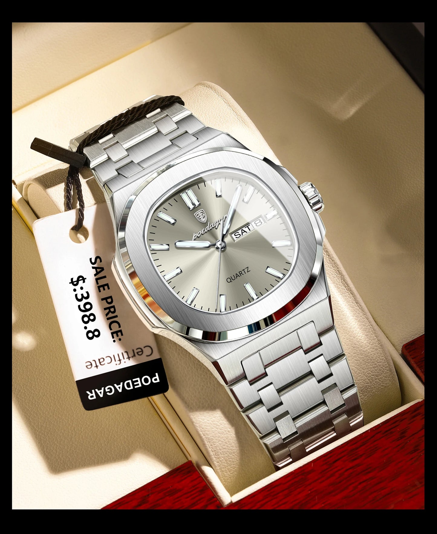 Square Full Calendar Watch – Date & Week Display with Hidden Clasp Bracelet