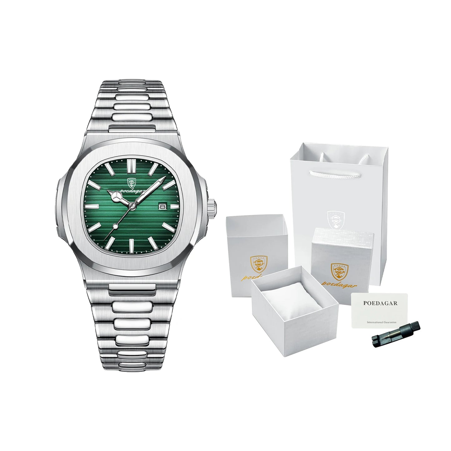 Square Stainless Steel Gift Set – Date Display with Luminous Dial & Hidden Clasp