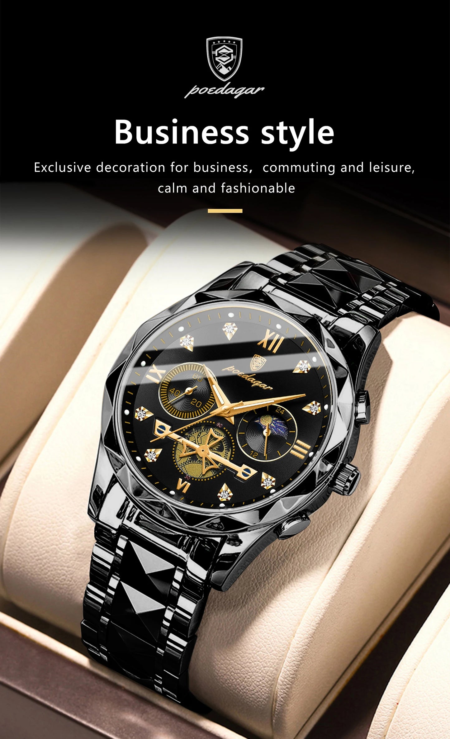 Round Chronograph Watch – Roman Numeral Dial with Hidden Clasp Bracelet