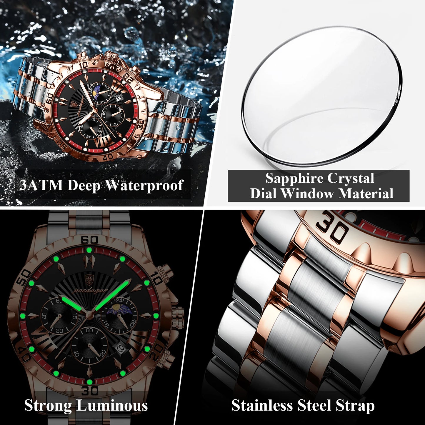 Luxury Chronograph Watch – Sapphire Crystal with Numberless Dial & Hidden Clasp