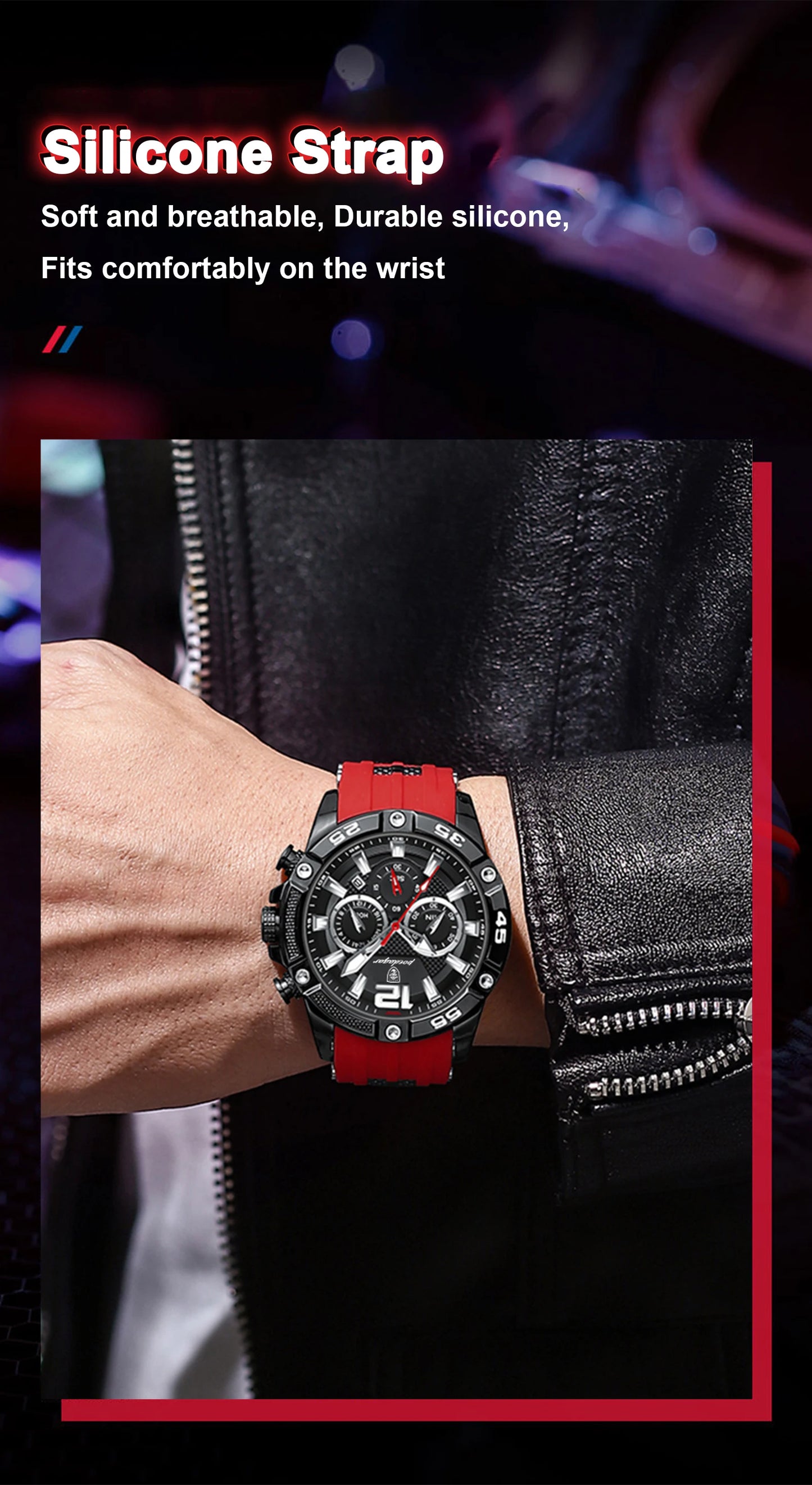 Large Chronograph Sport Watch – Luminous Dial with Silicone Strap & Date