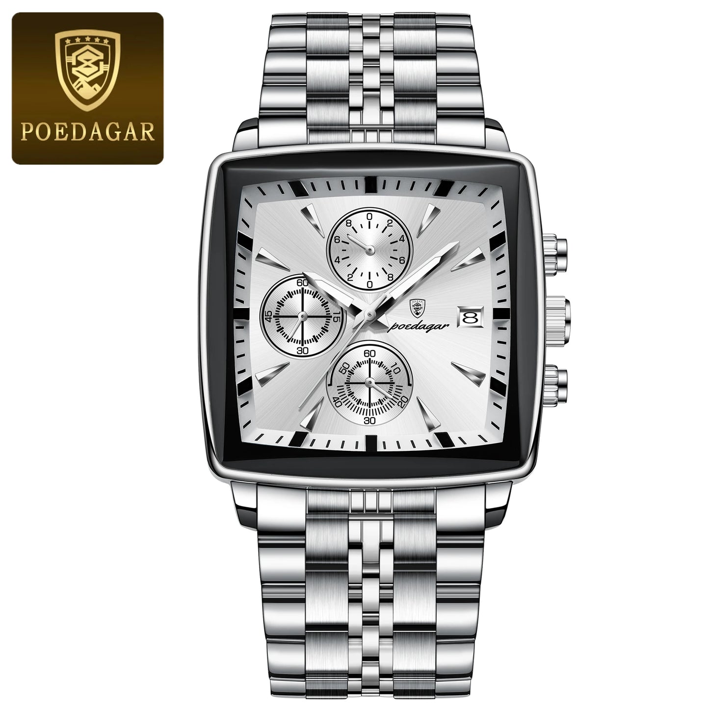 Square Chronograph Watch – Luminous Numberless Dial with Hidden Clasp Bracelet